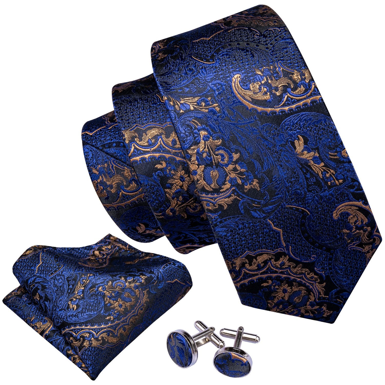 Navy Blue Golden Paisley Necktie Pocket Square Cufflinks Set - barry-wang