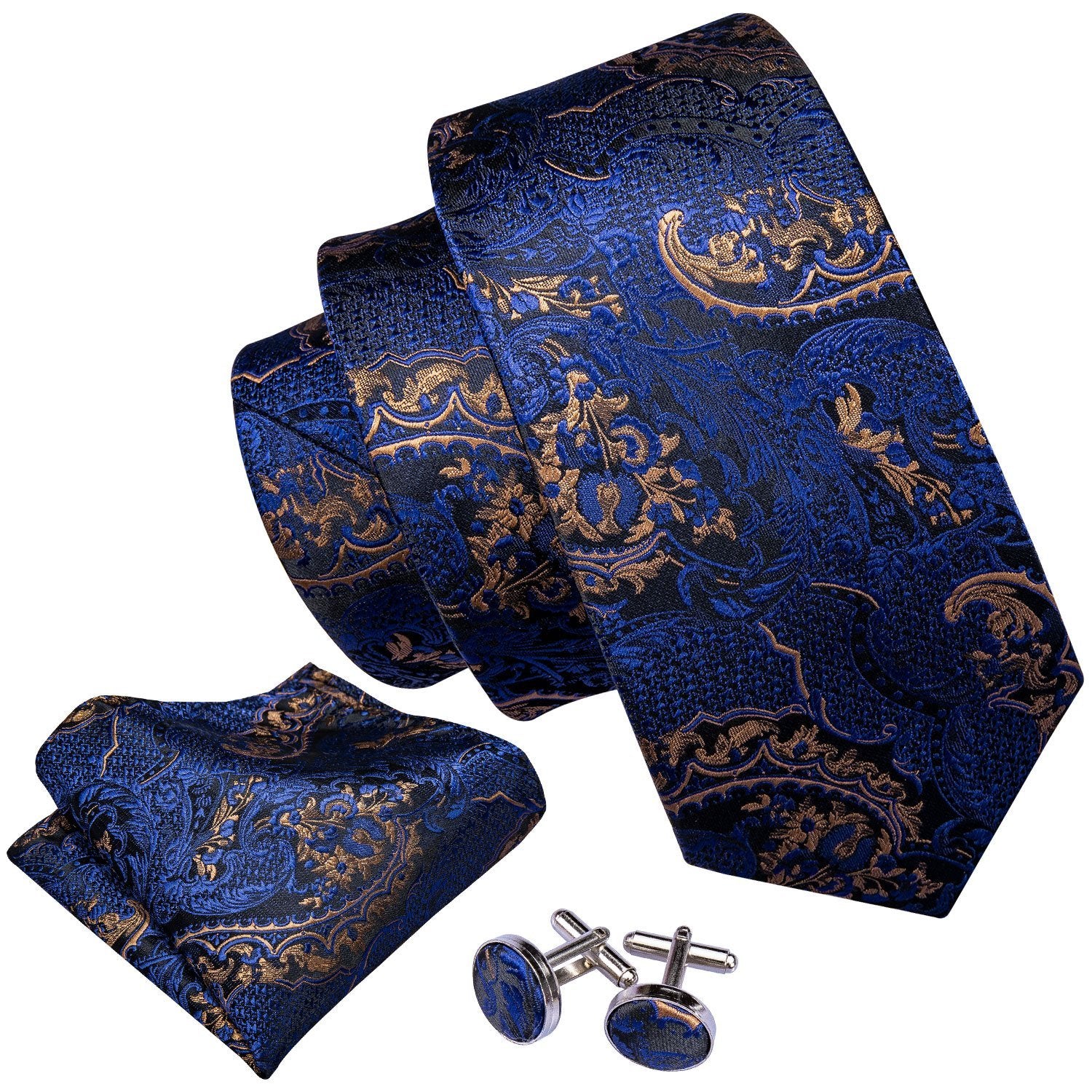Navy Blue Golden Paisley Tie Pocket Square Cufflinks Set 8.5cm Fashion Designer Neckties with Brooches Easy Matching