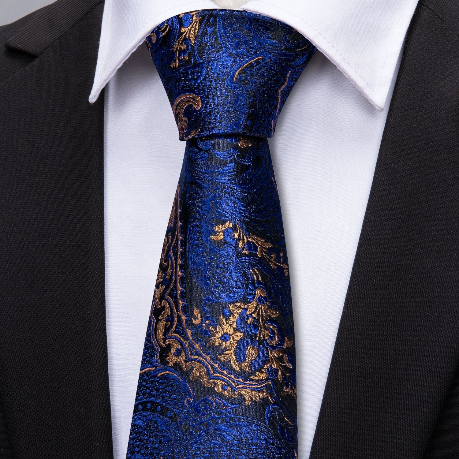 Navy Blue Golden Paisley Necktie Pocket Square Cufflinks Set - barry-wang