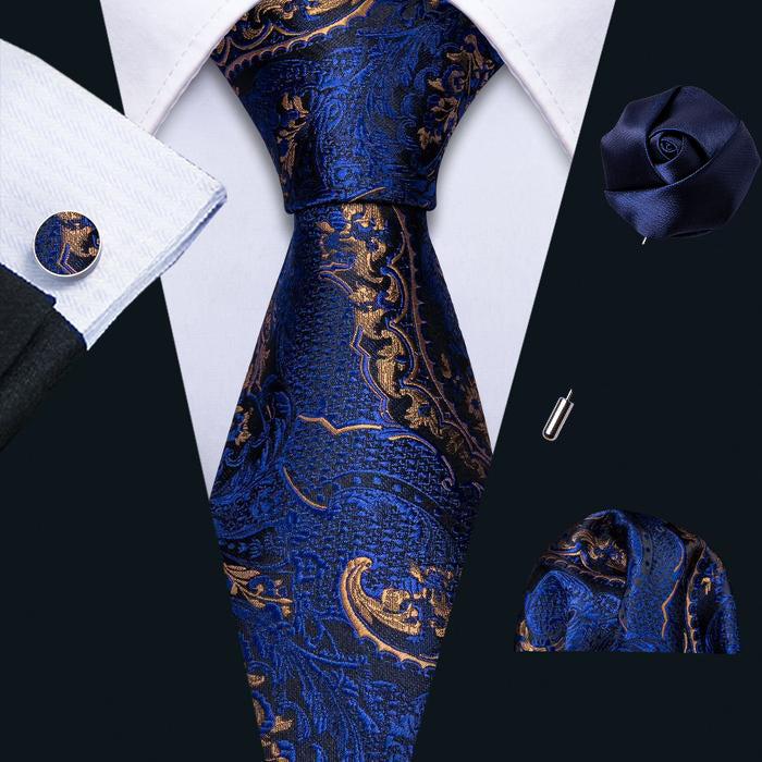 Mens Wedding Tie Navy Blue Golden Paisley 8.5CM Necktie Pocket Square Cufflinks Brooch Set