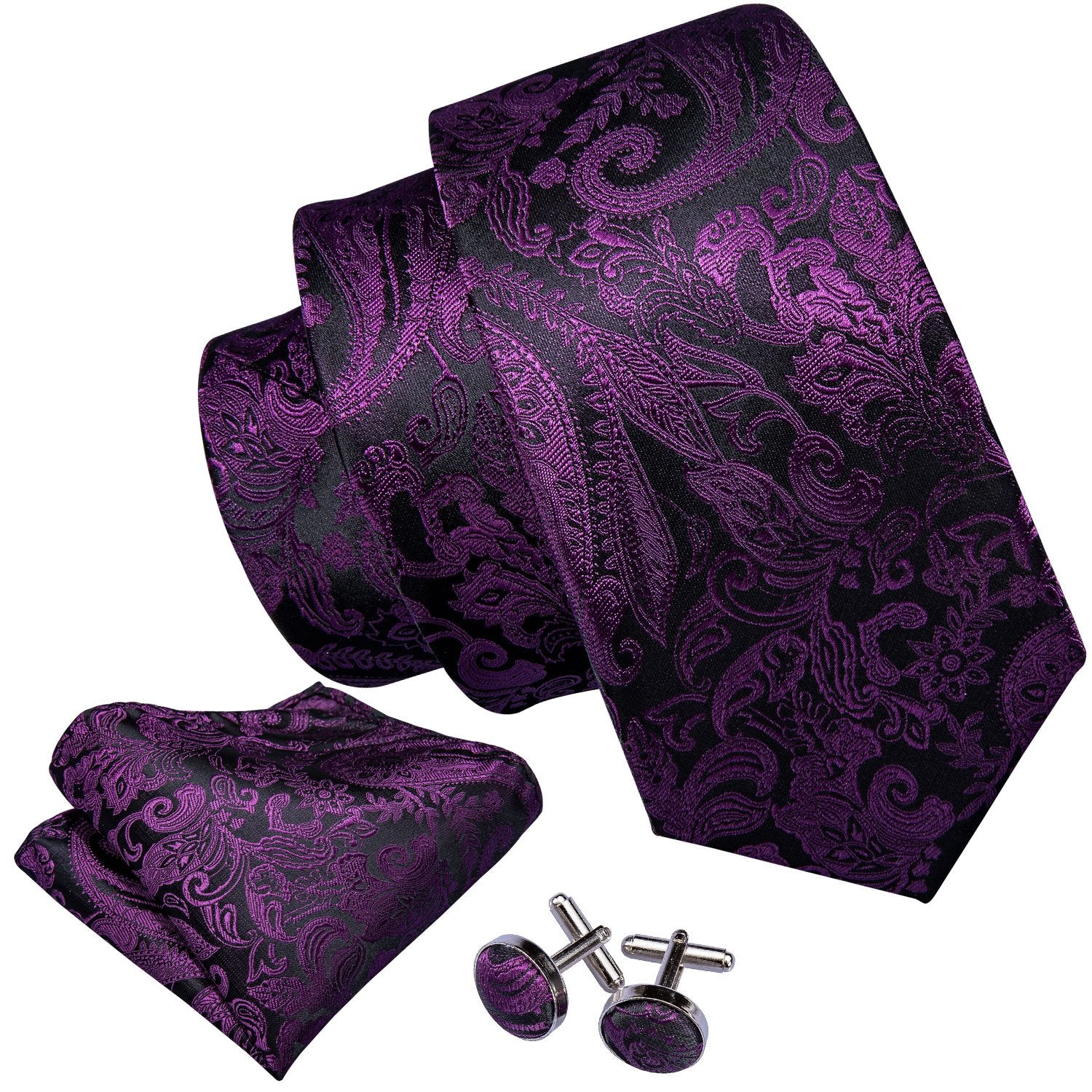 Black Purple Paisley Necktie Pocket Square Cufflinks Set - barry-wang