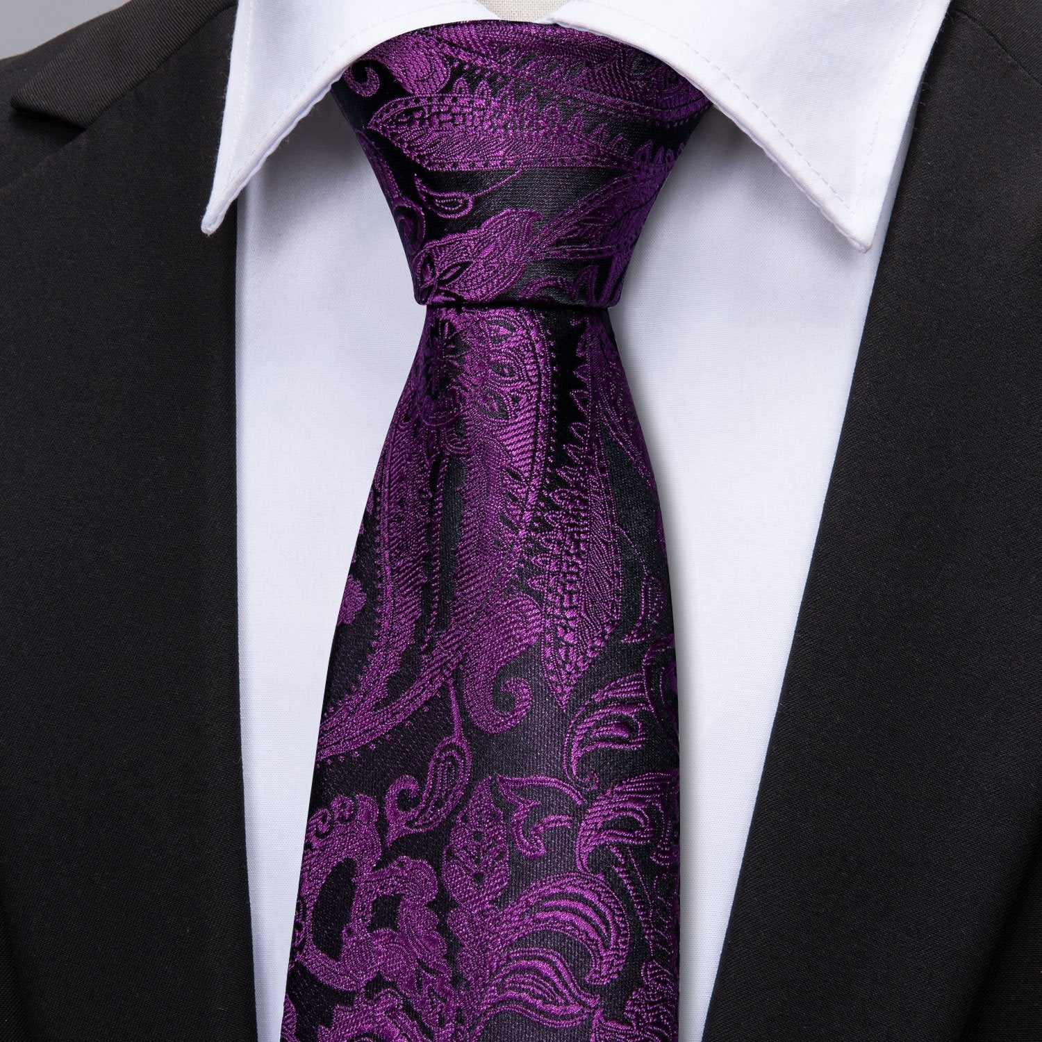 Black Purple Paisley Necktie Pocket Square Cufflinks Set - barry-wang