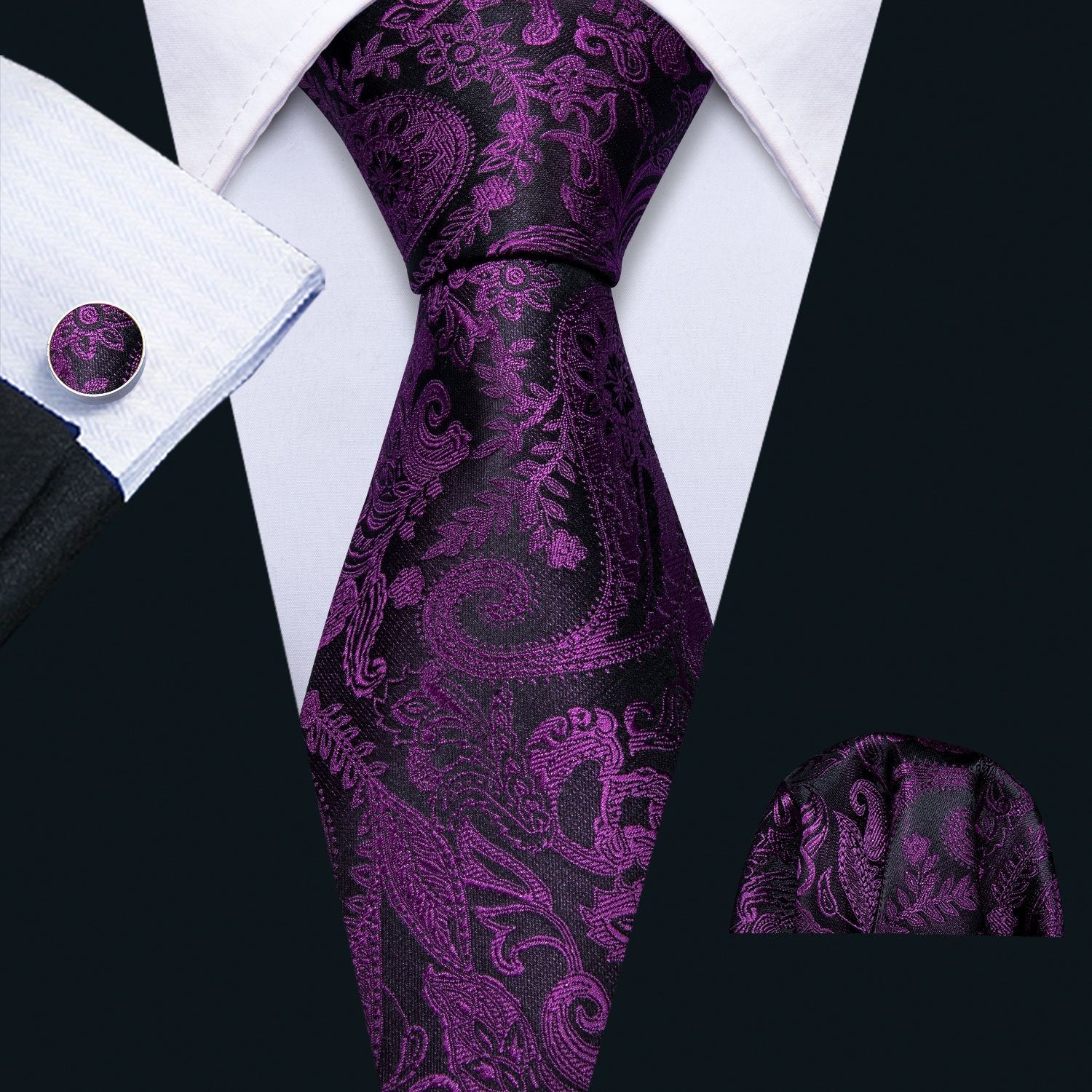 New Luxury Purple Black  Floral Scarf Tie Set