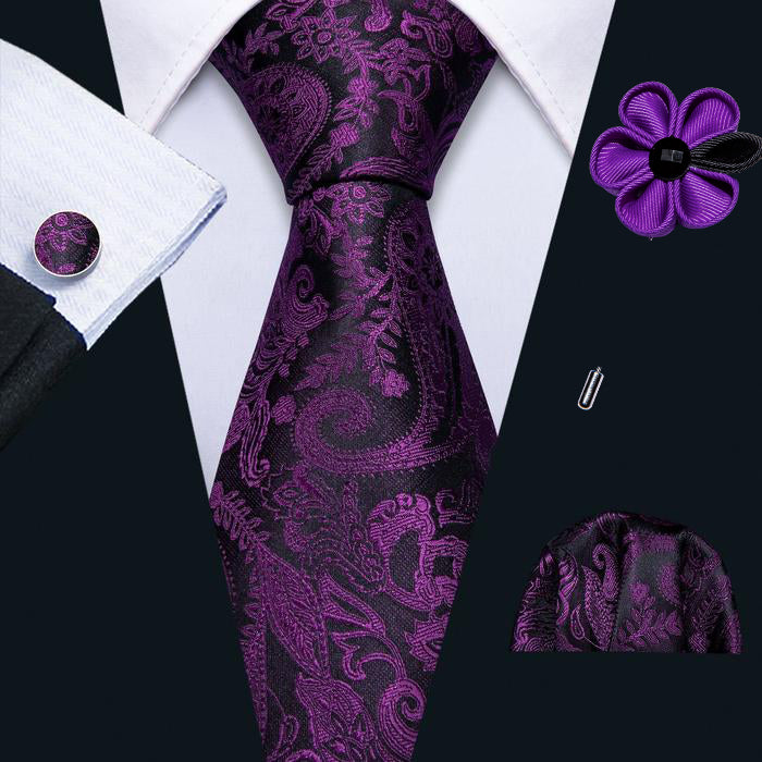 Black Purple Paisley Necktie Pocket Square Cufflinks Set 8.5cm Fashion Designer Neckties with Brooches Easy Matching