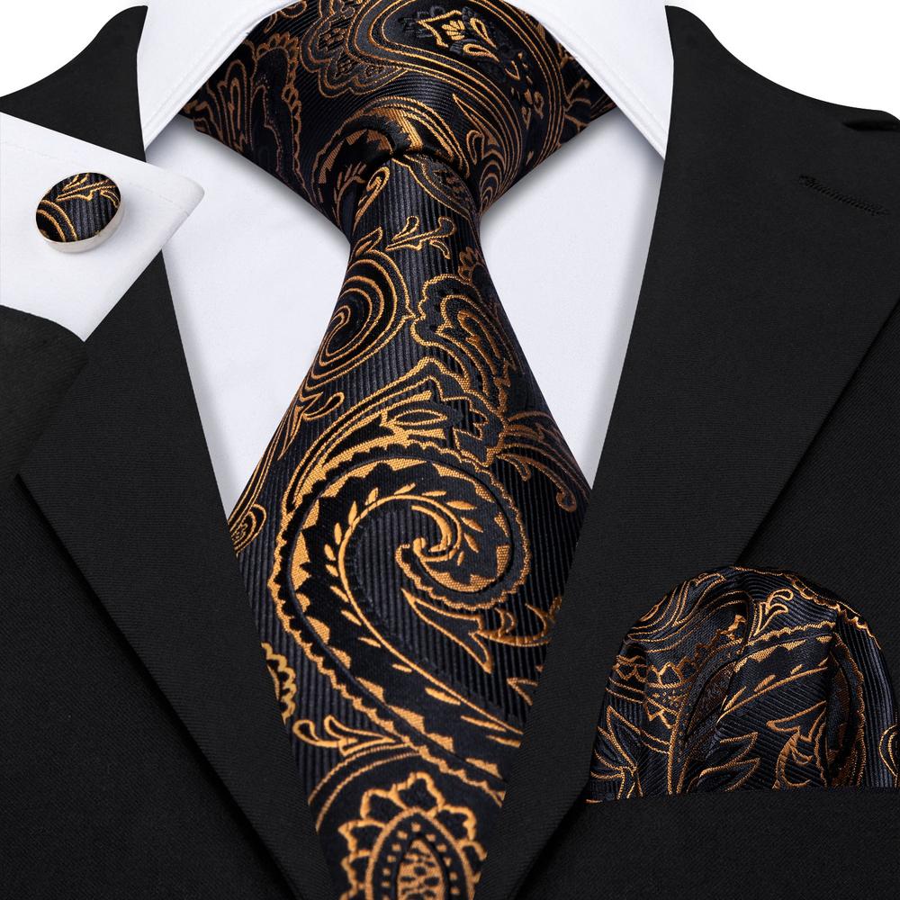 Barry. Wang Black Tie Golden Men's Necktie Pocket Square Cufflinks Set, Style4 Barry. Wang Black Tie Golden Men's Necktie Pocket Square Cufflinks Set, Style4