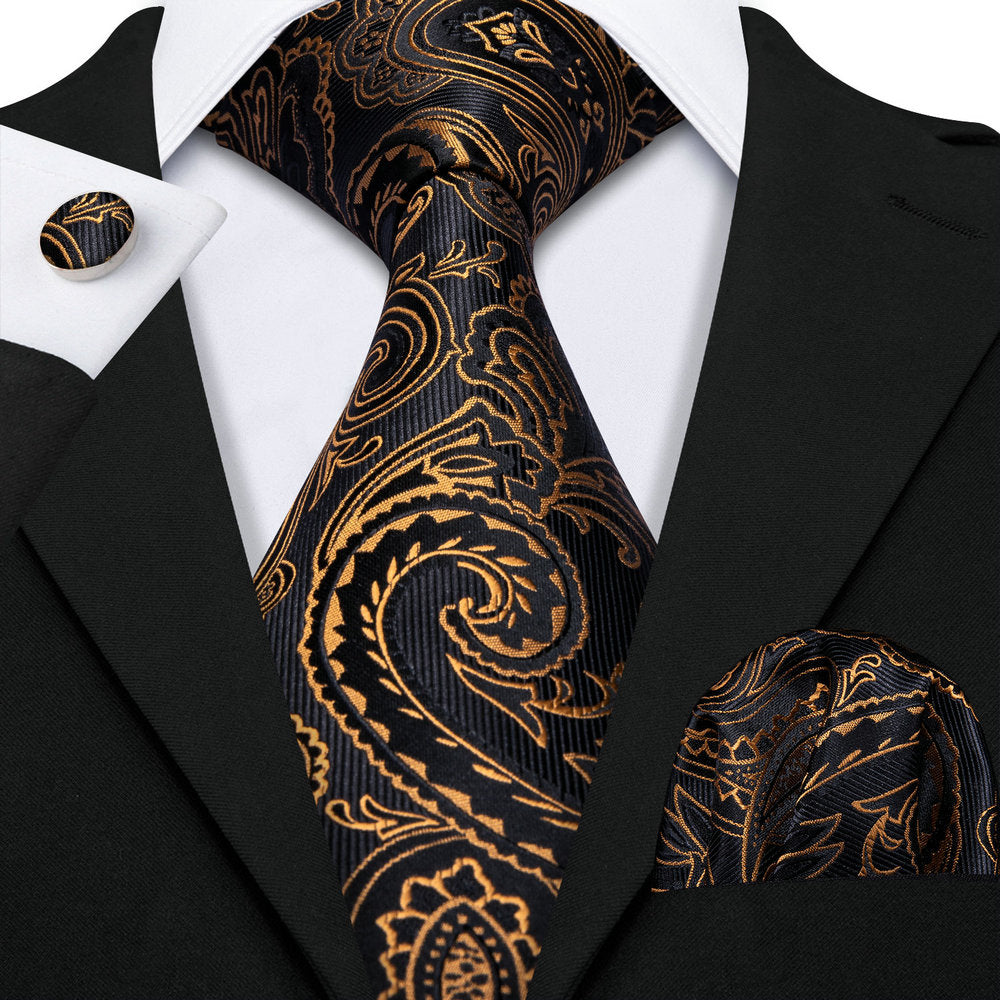 Black Golden Paisley Necktie Pocket Square Cufflinks Set