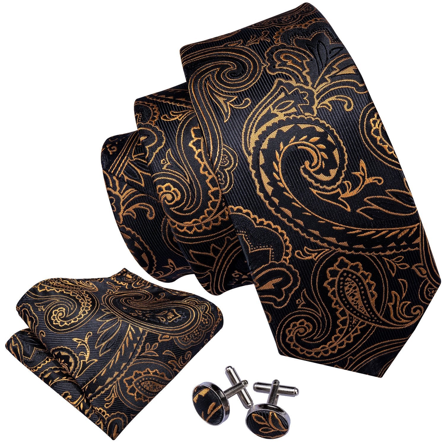 Black Golden Paisley Necktie Pocket Square Cufflinks Set - barry-wang