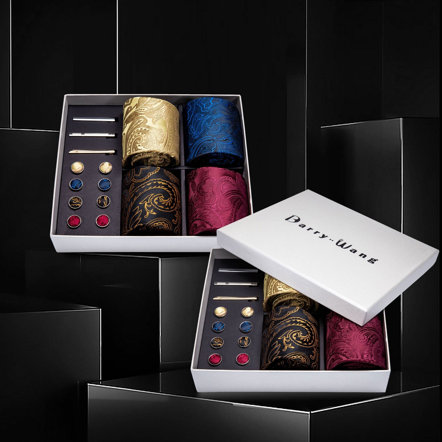 4pcs Men Tie Gold Pasiley Silk Men Wedding Necktie Pocket Square Gift Box Set