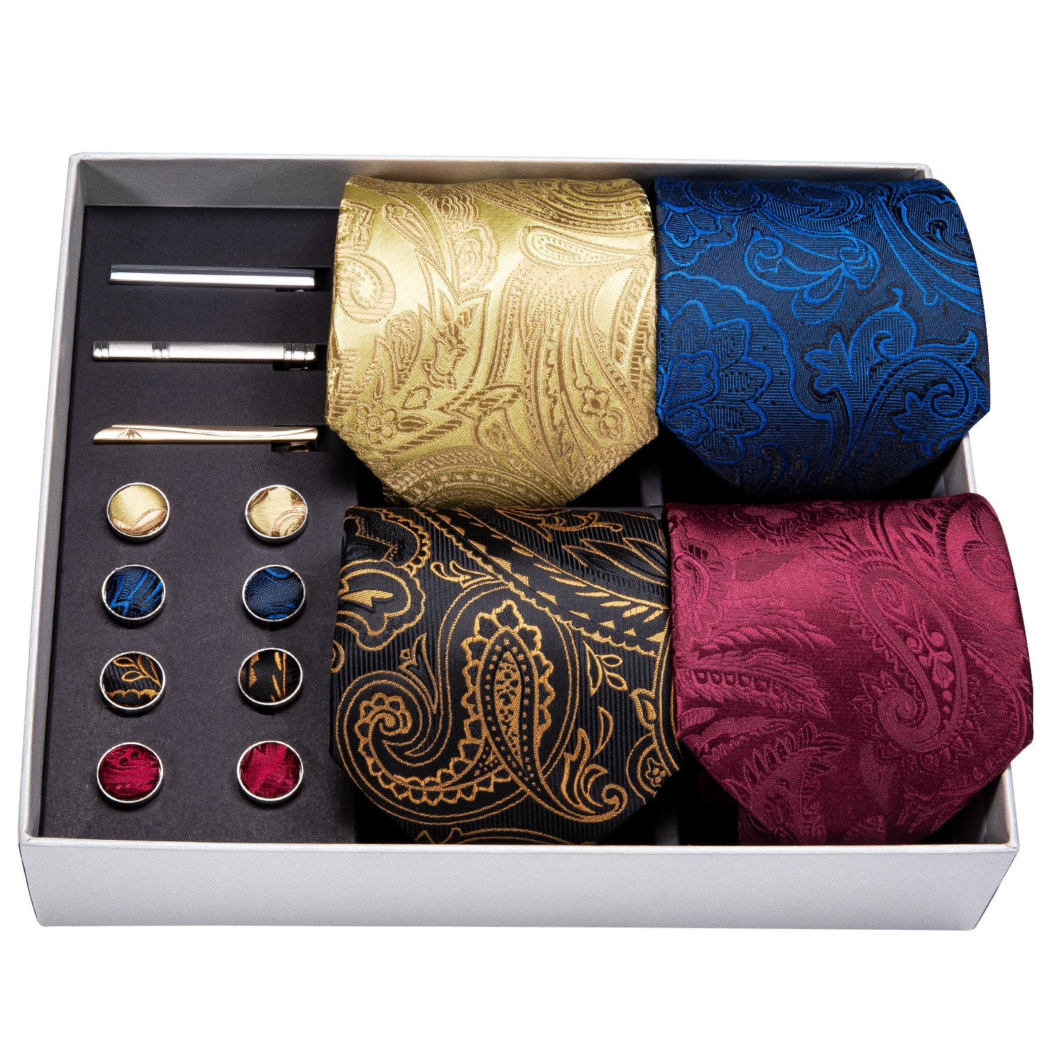 4pcs Men Tie Gold Pasiley Silk Men Wedding Necktie Pocket Square Gift Box Set
