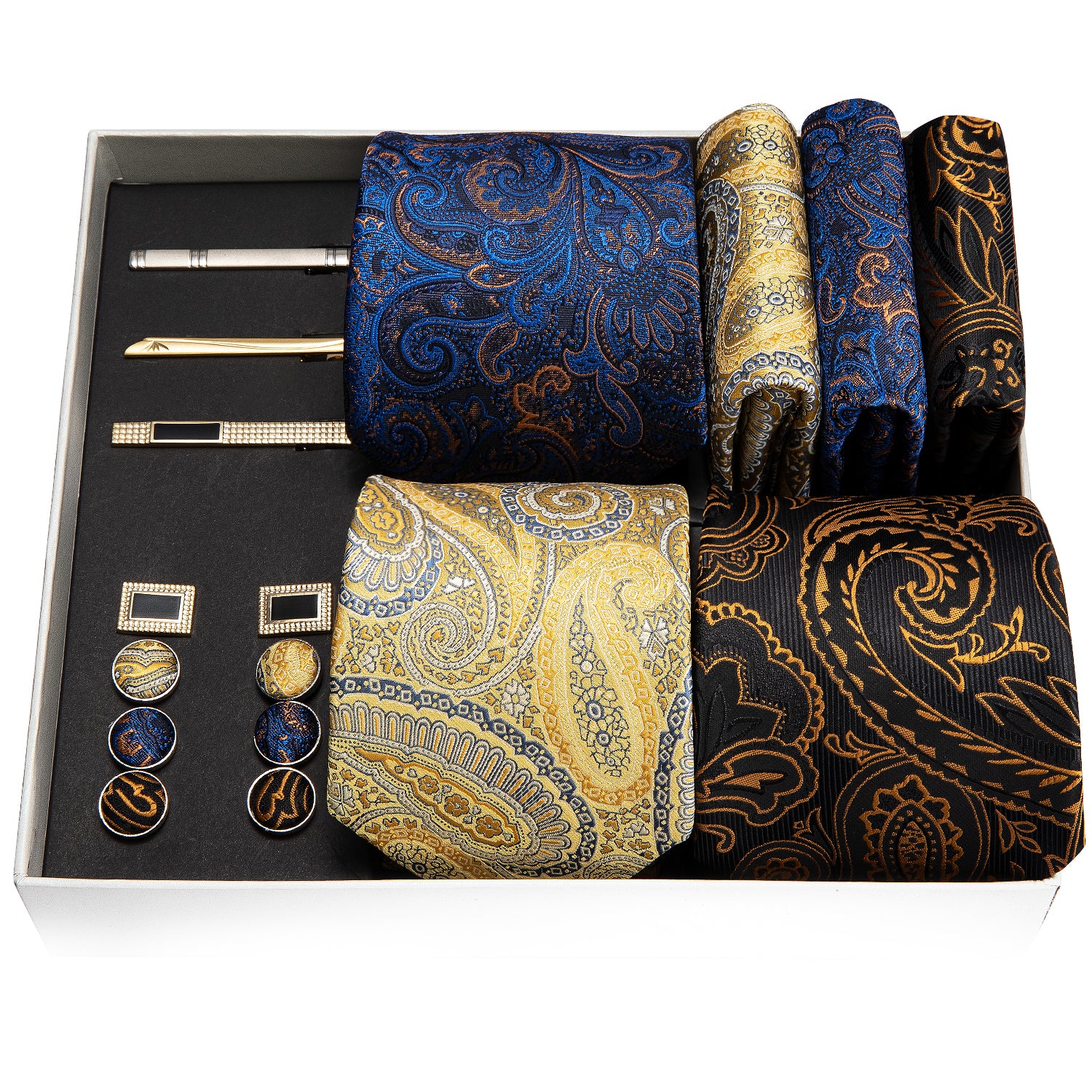 Barry.wang Men's Tie Set Yellow Blue Black Paisley Floral Silk Necktie Pocket Square Gift Box Set