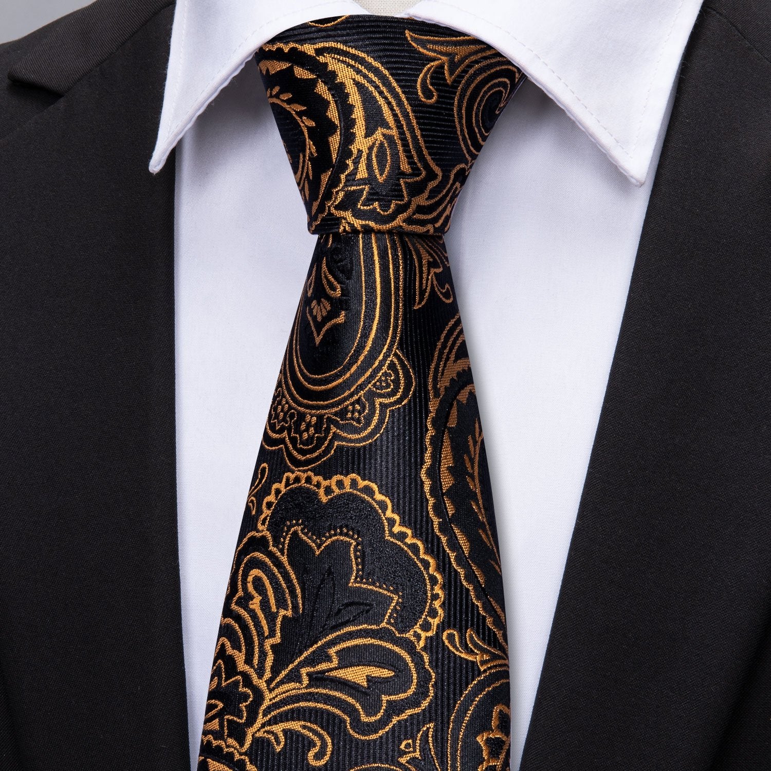 Black Golden Paisley Necktie Pocket Square Cufflinks Set - barry-wang