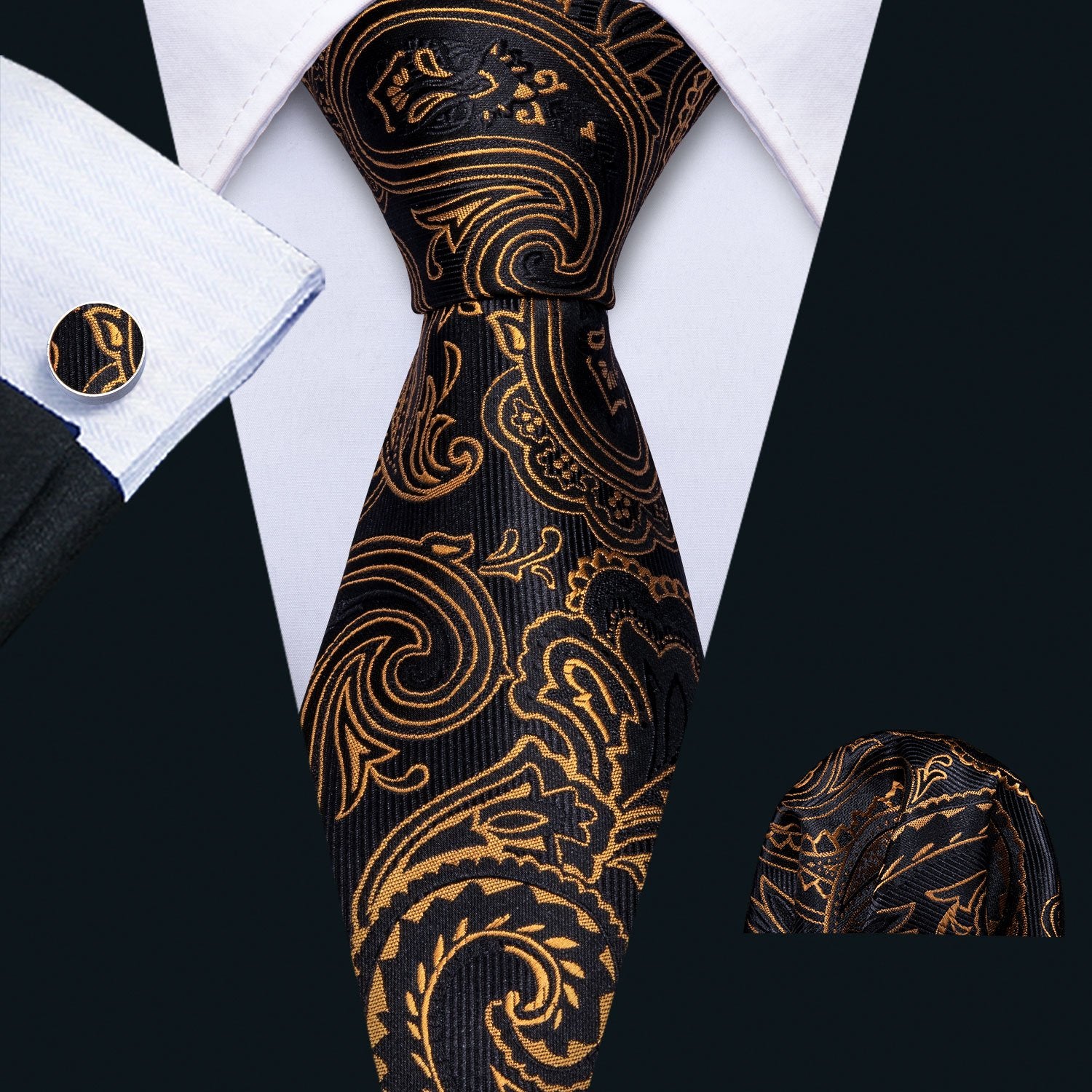 Black Golden Paisley Necktie Pocket Square Cufflinks Set - barry-wang