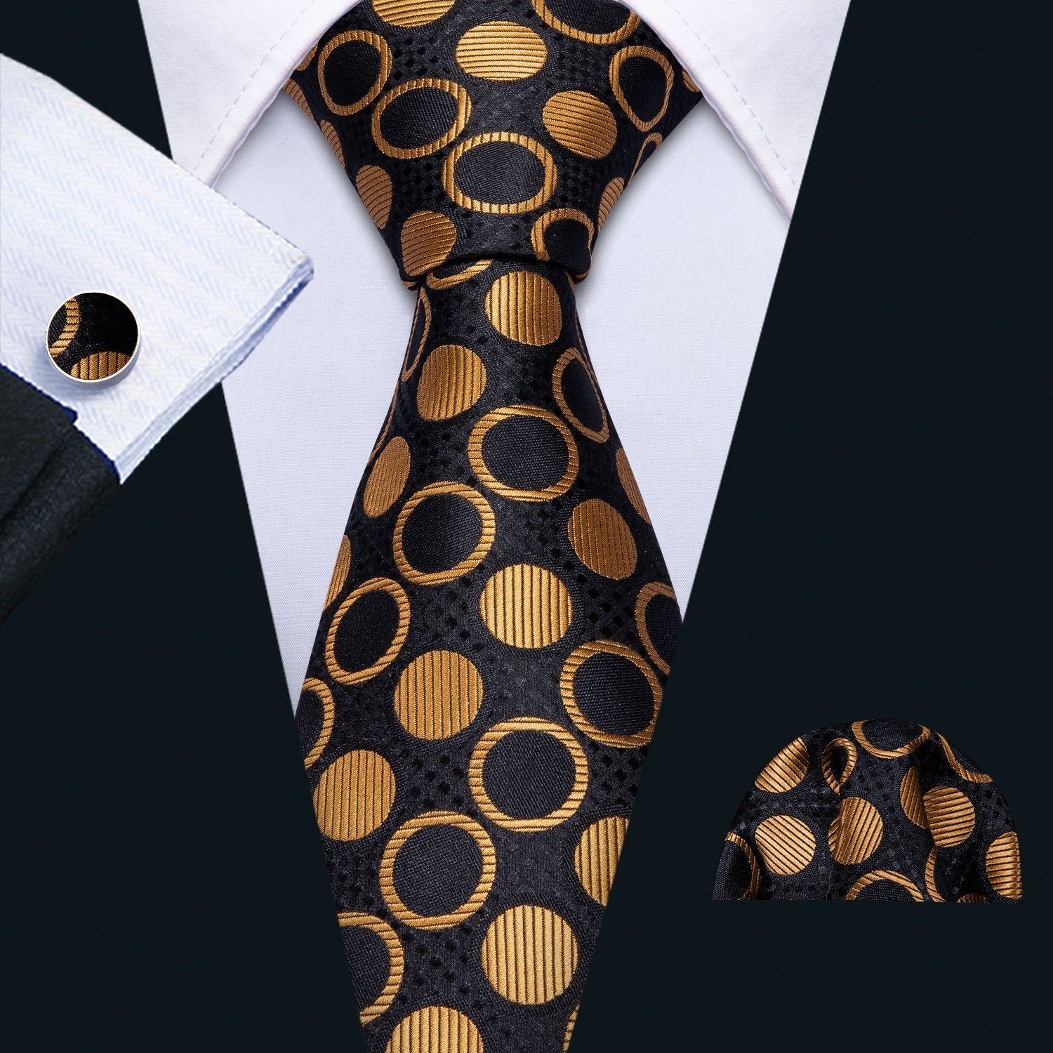 Black Golden Polka Dot Necktie Pocket Square Cufflinks Set - barry-wang