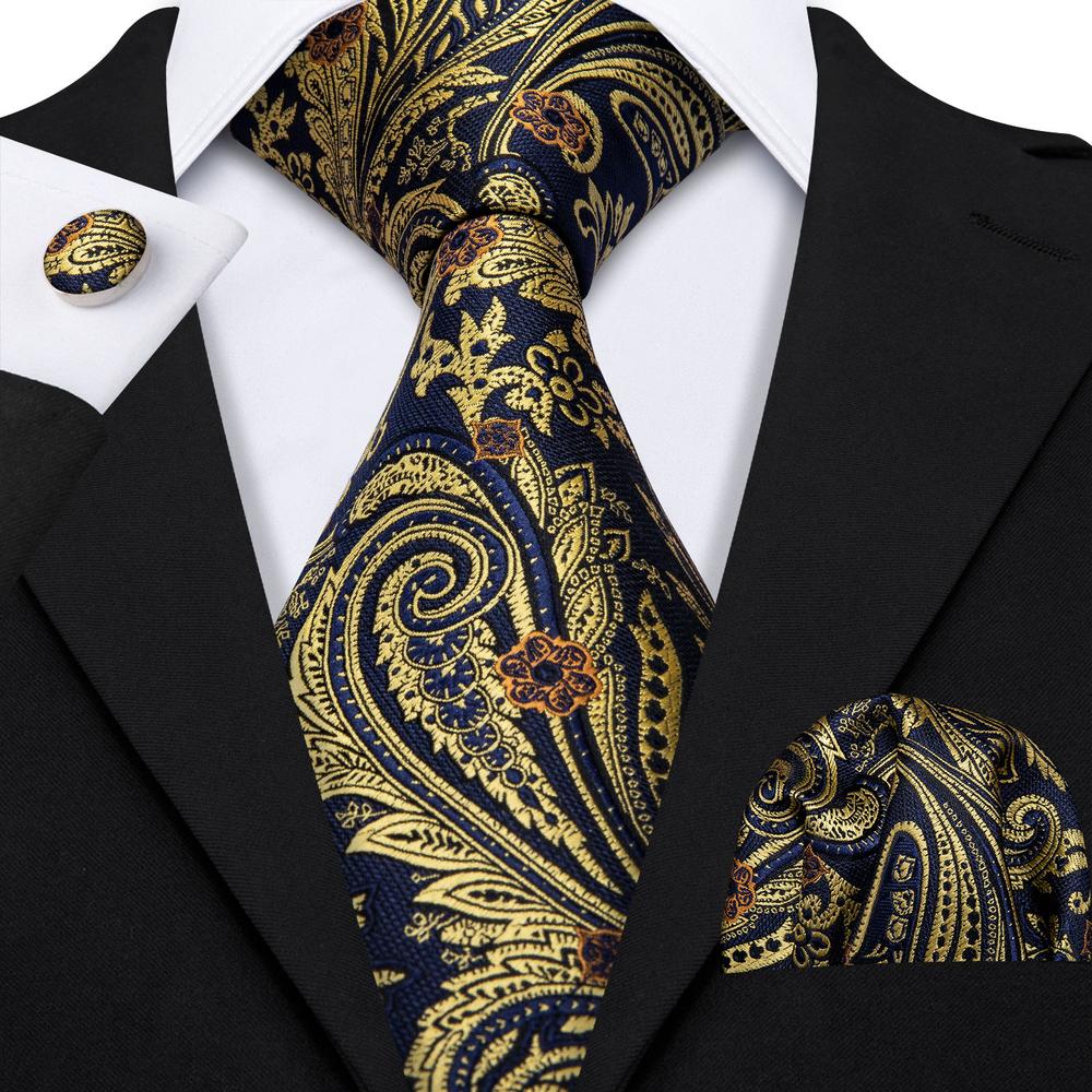 Black Golden Necktie Pocket Square Cufflinks Set