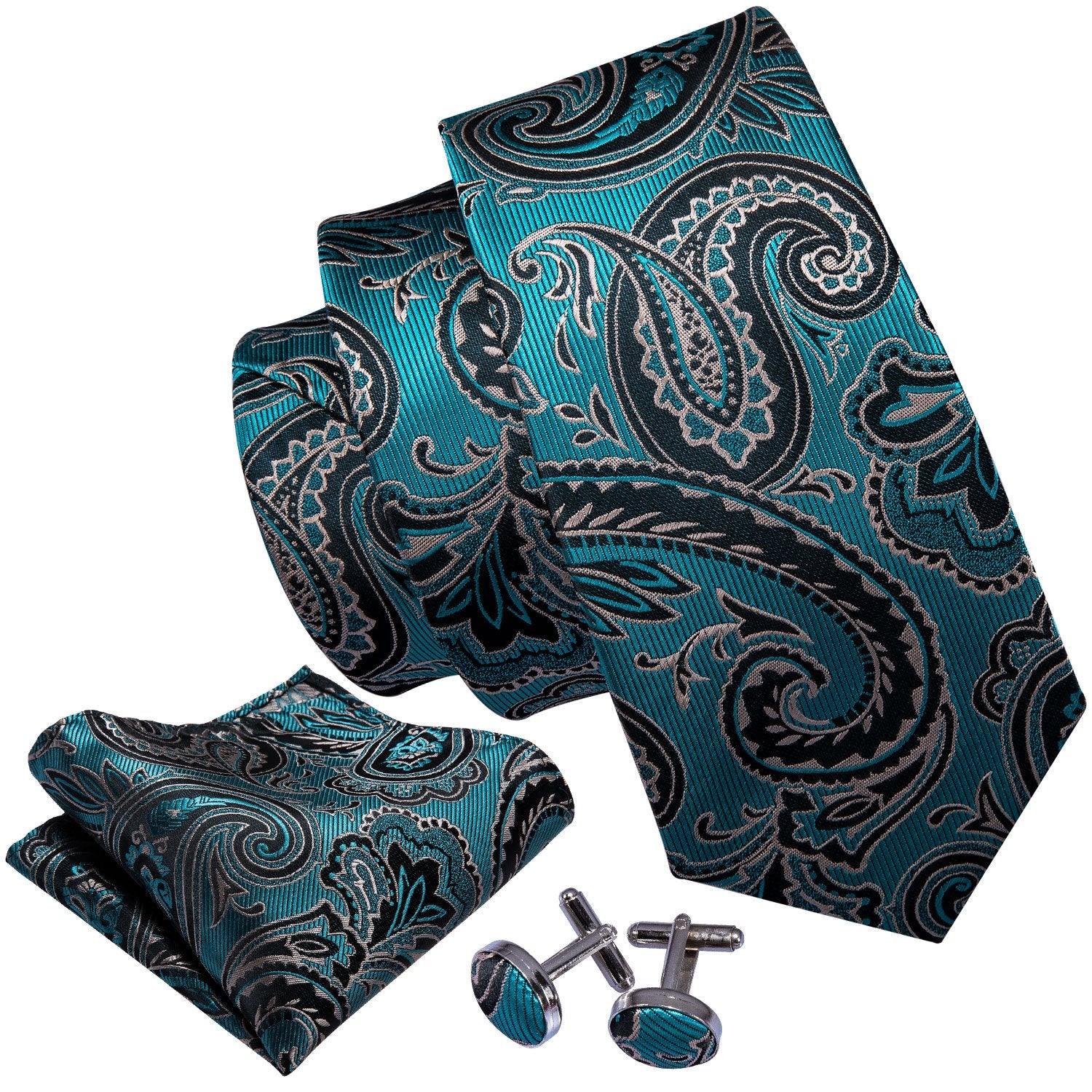 Turquoise Blue Black Paisley Necktie Pocket Square Cufflinks Set - barry-wang