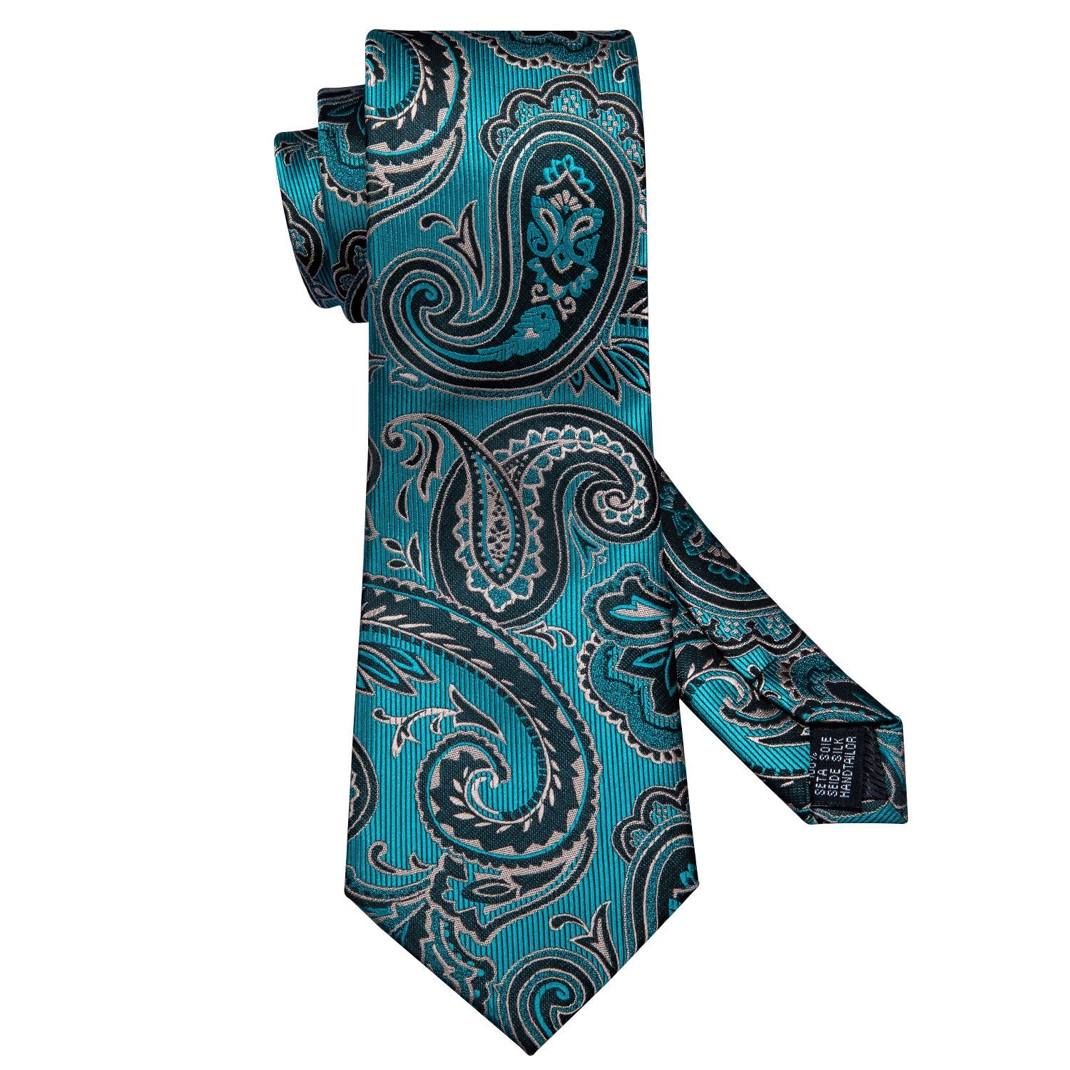 Turquoise Blue Black Paisley Necktie Pocket Square Cufflinks Set - barry-wang