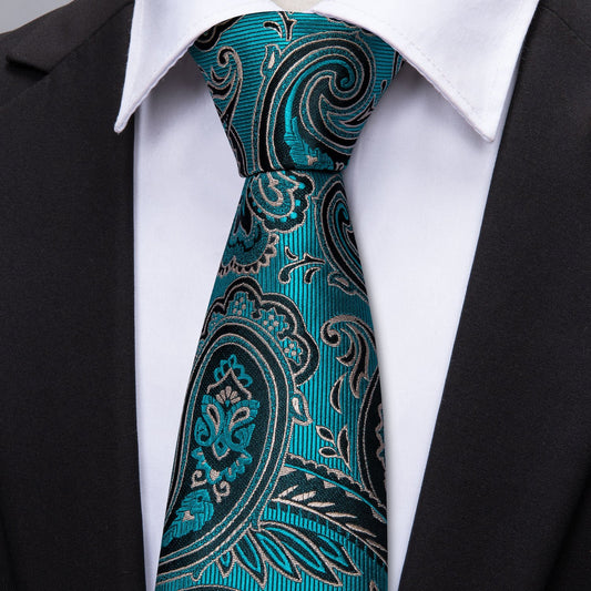 Turquoise Blue Black Paisley Necktie Pocket Square Cufflinks Set - barry-wang