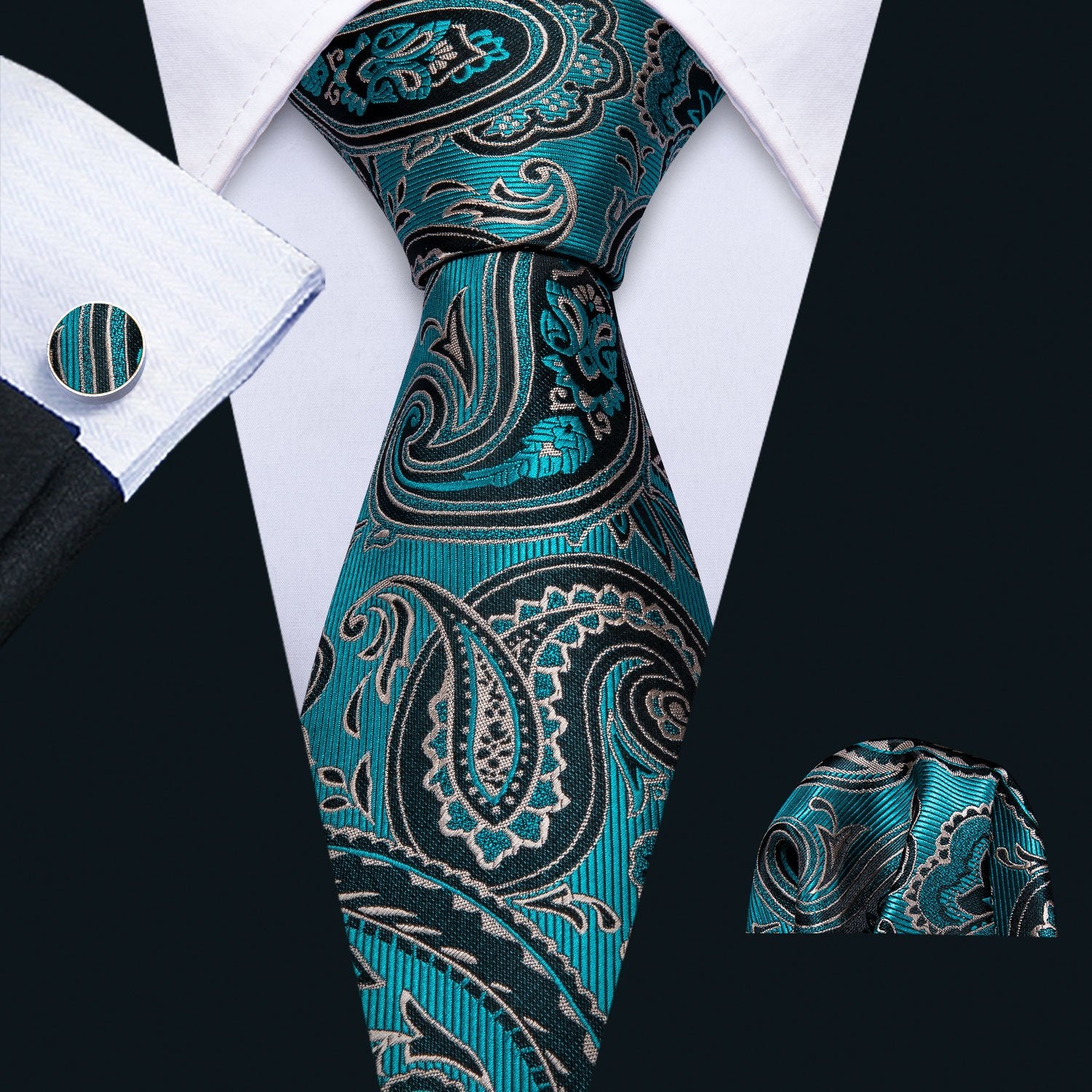 Turquoise Blue Black Paisley Necktie Pocket Square Cufflinks Set - barry-wang