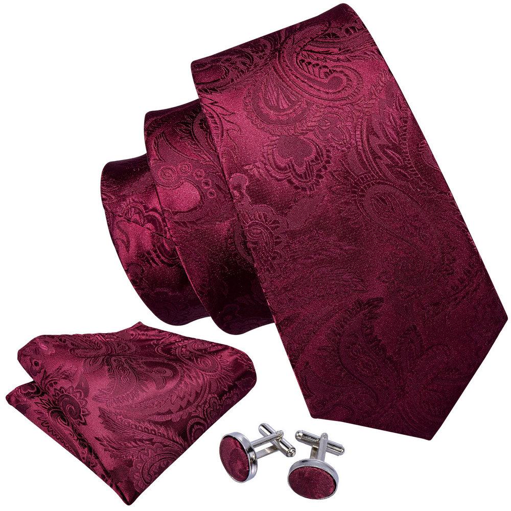 Burgundy Red Paisley Floral Men's Alloy Lapel Pin Brooch Silk Tie Pocket Square Cufflinks Set Wedding Business Party