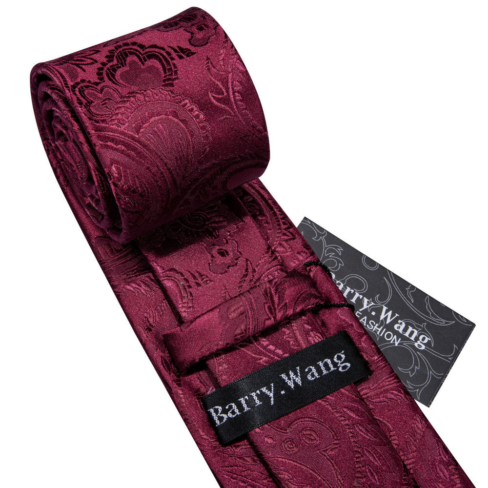 Burgundy Red Paisley Necktie Pocket Square Cufflinks Set