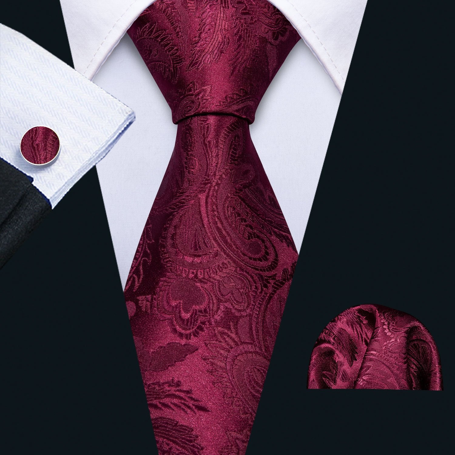 Burgundy Red Paisley Necktie Pocket Square Cufflinks Set - barry-wang