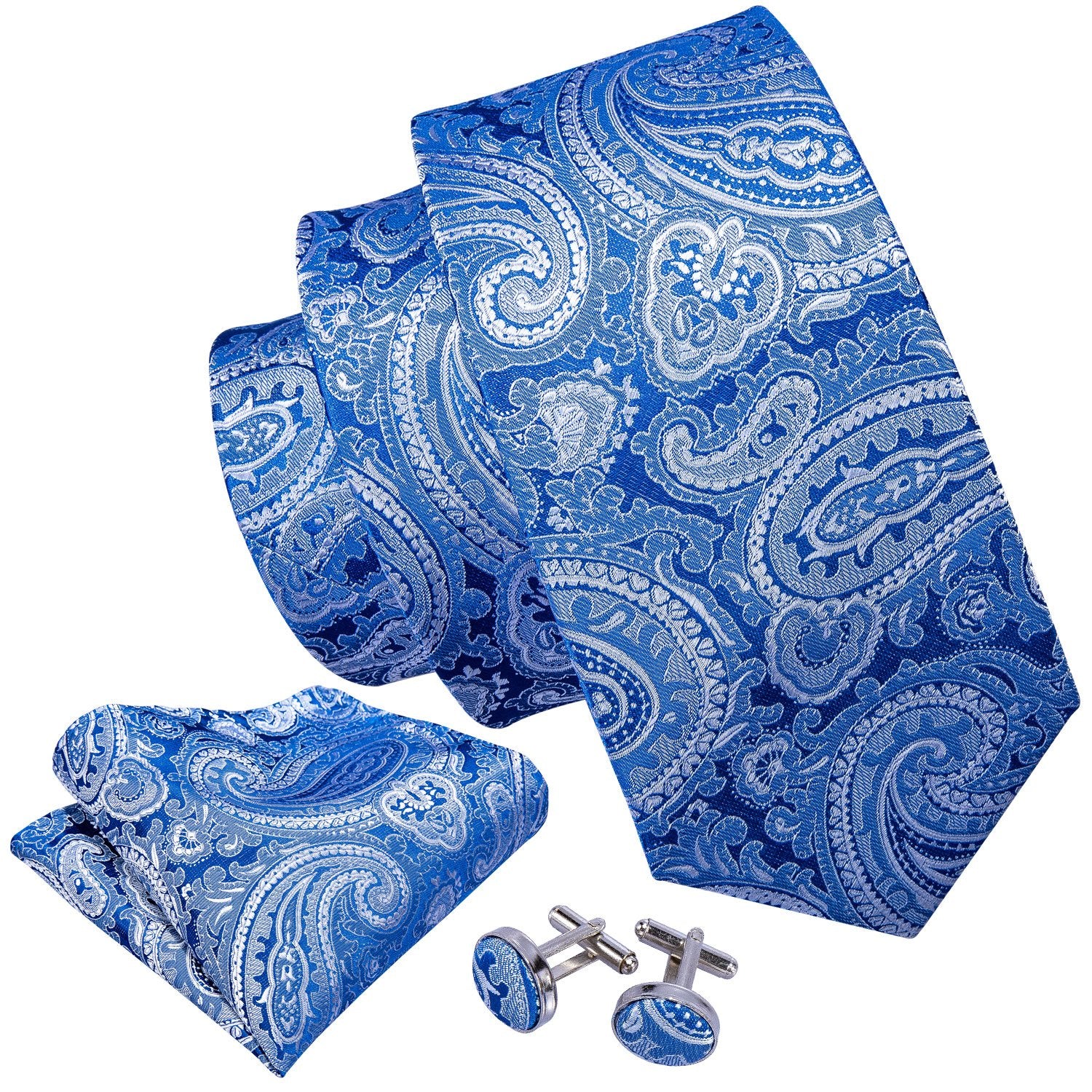 Silver Blue Paisley Necktie Pocket Square Cufflinks Set - barry-wang