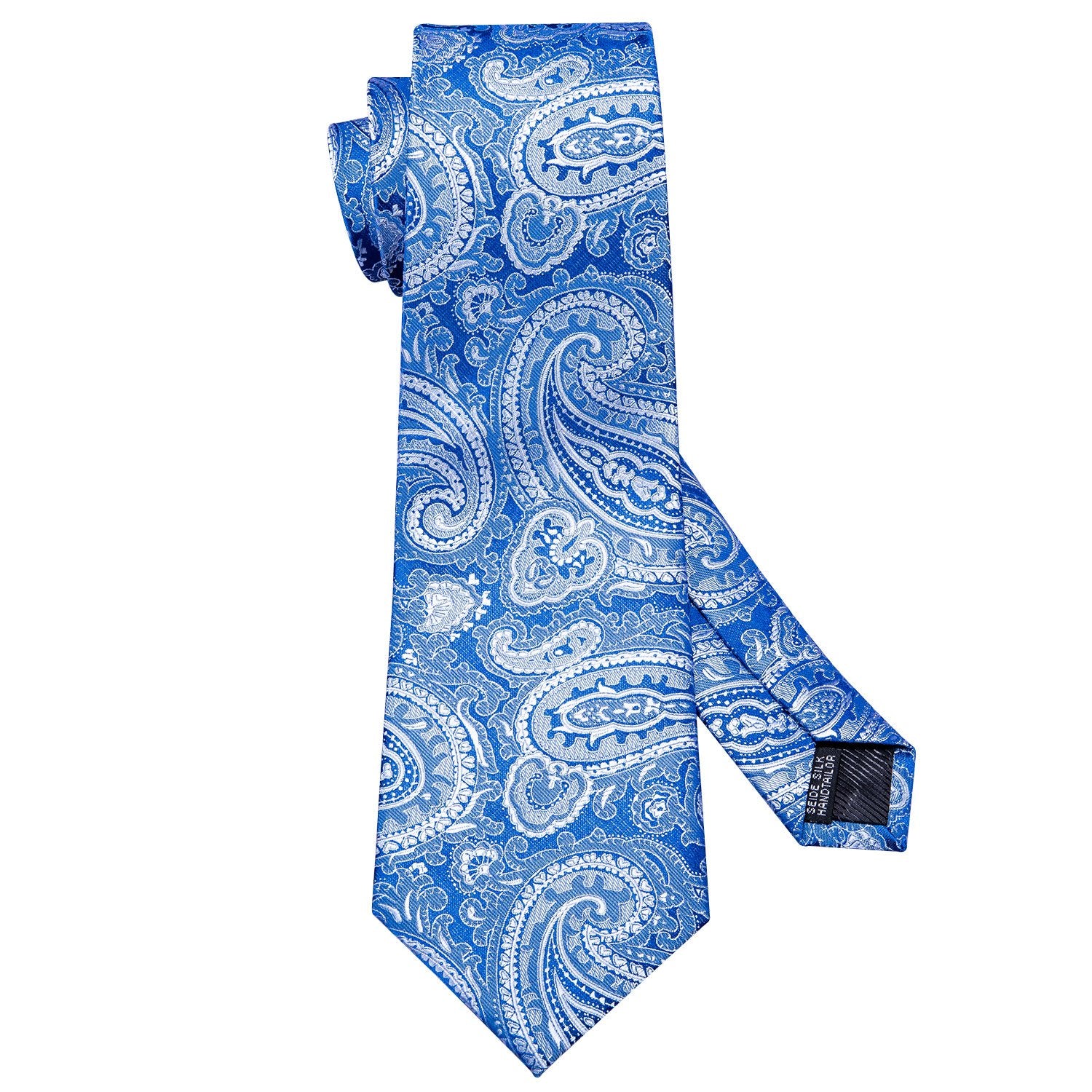 Silver Blue Paisley Necktie Pocket Square Cufflinks Set - barry-wang