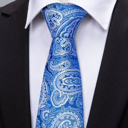 Silver Blue Paisley Necktie Pocket Square Cufflinks Set - barry-wang