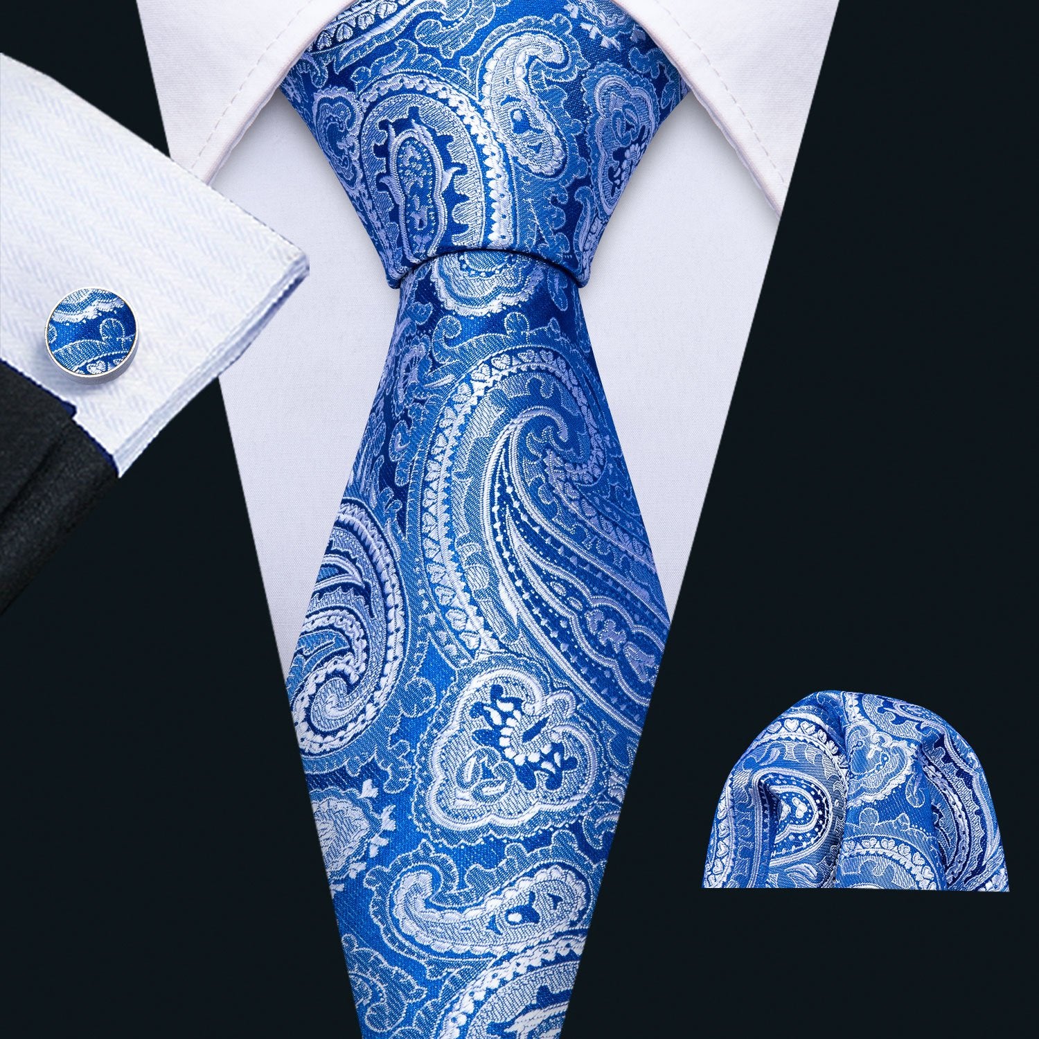  Light Blue Tie Paisley Necktie Pocket Square Cufflinks Set