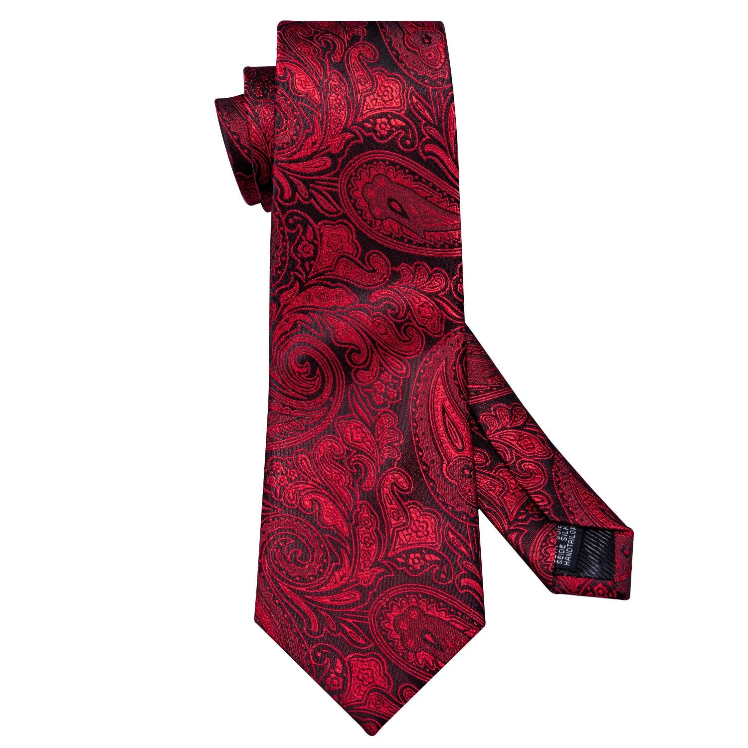 Black Red Paisley Necktie Pocket Square Cufflinks Set - barry-wang