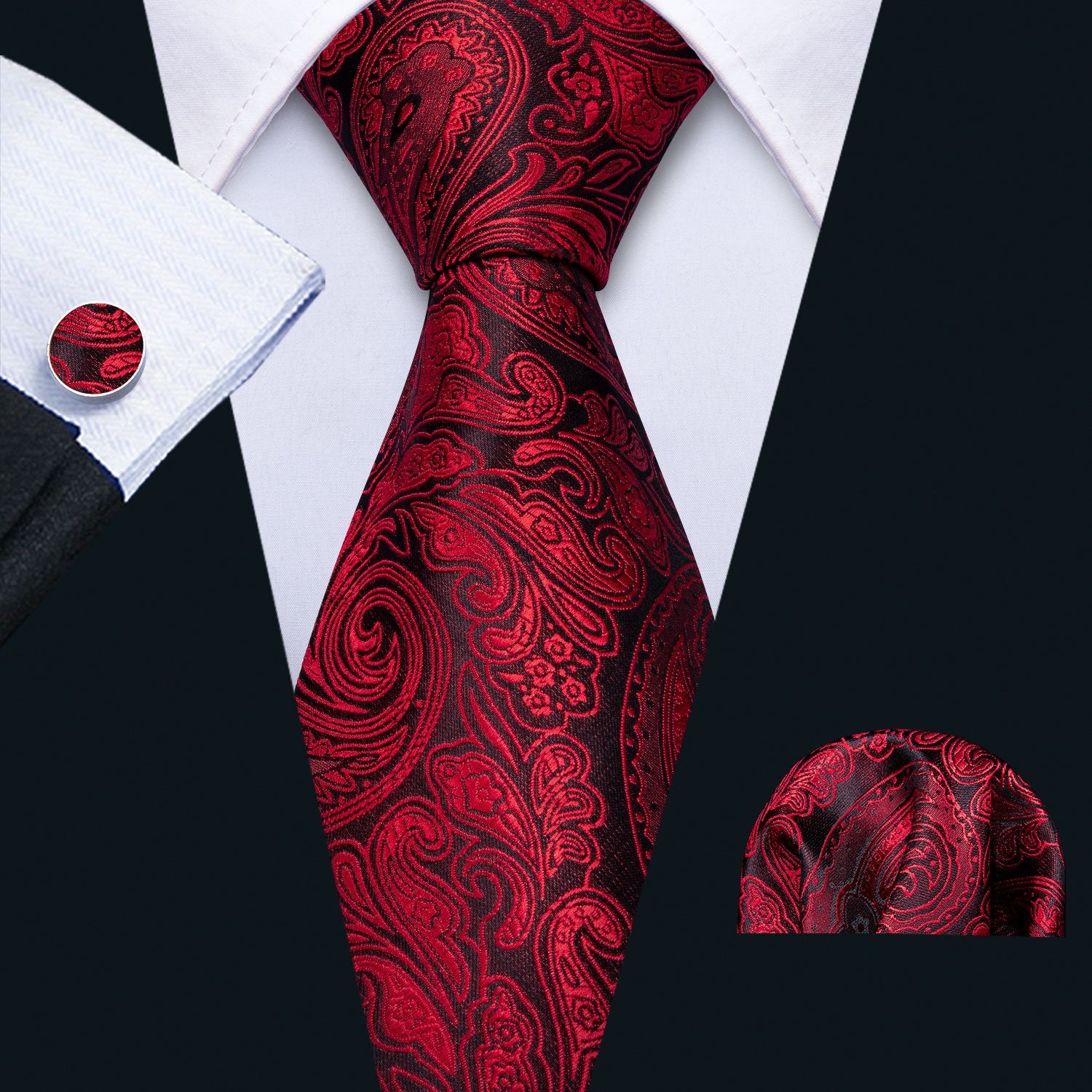 Black Red Paisley Necktie Pocket Square Cufflinks Set - barry-wang