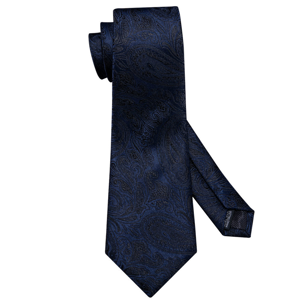 Black Blue Paisley Necktie Pocket Square Cufflinks Set