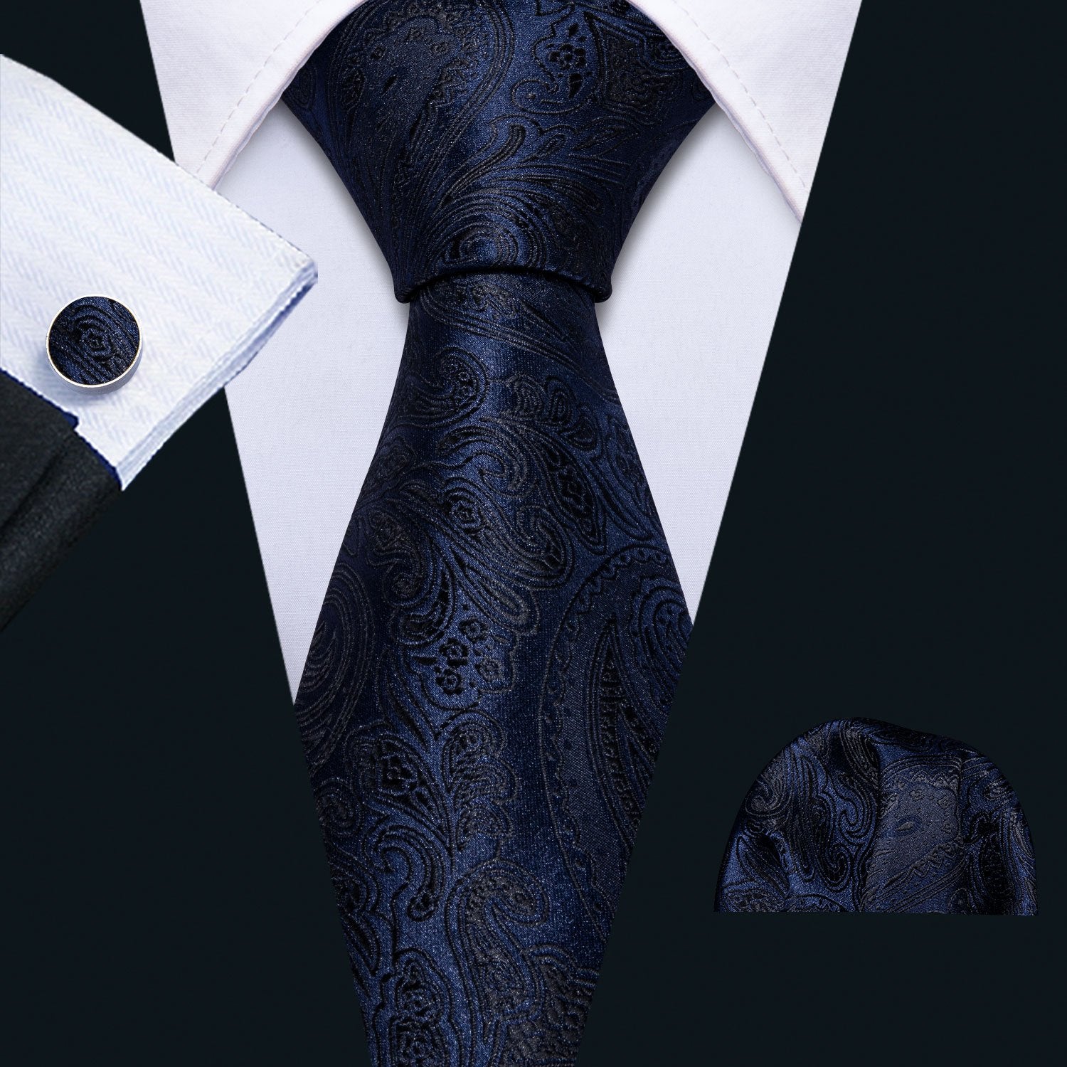Black Blue Paisley Necktie Pocket Square Cufflinks Set - barry-wang