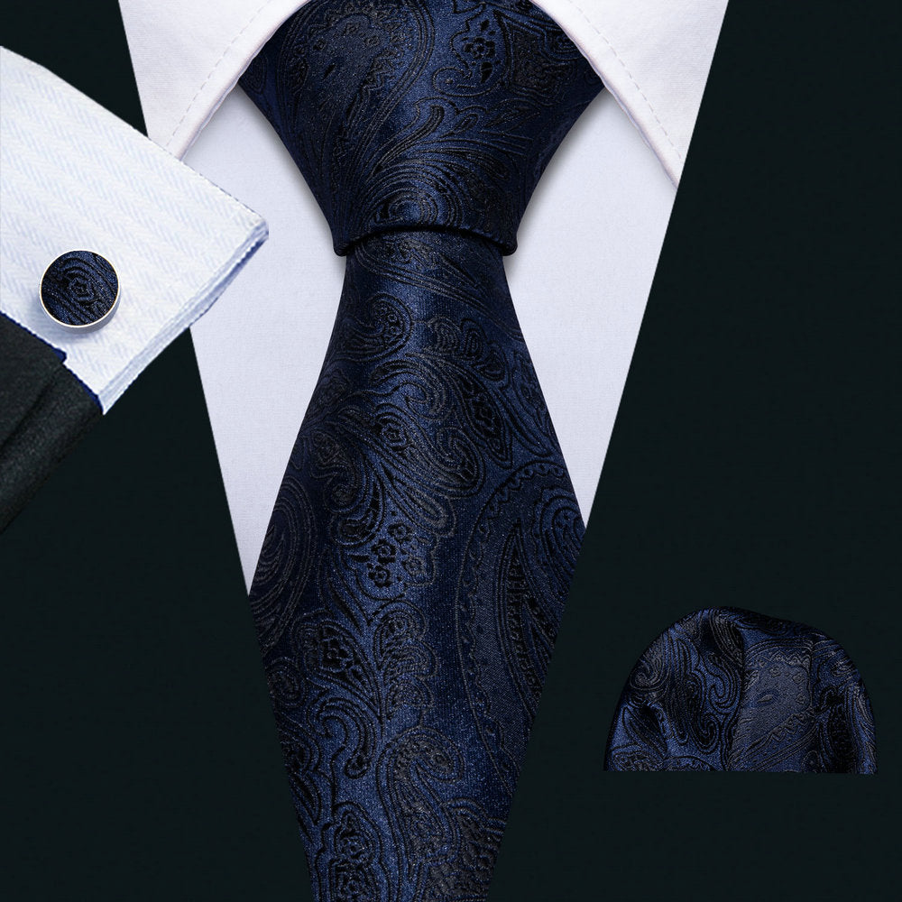 Barry. Wang Dark Black Blue Paisley Necktie Pocket Square Cufflinks Se Barry. Wang Dark Black Blue Paisley Necktie Pocket Square Cufflinks Se