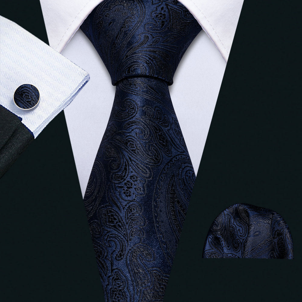 black suit navy blue black jacquard paisley men's necktie 