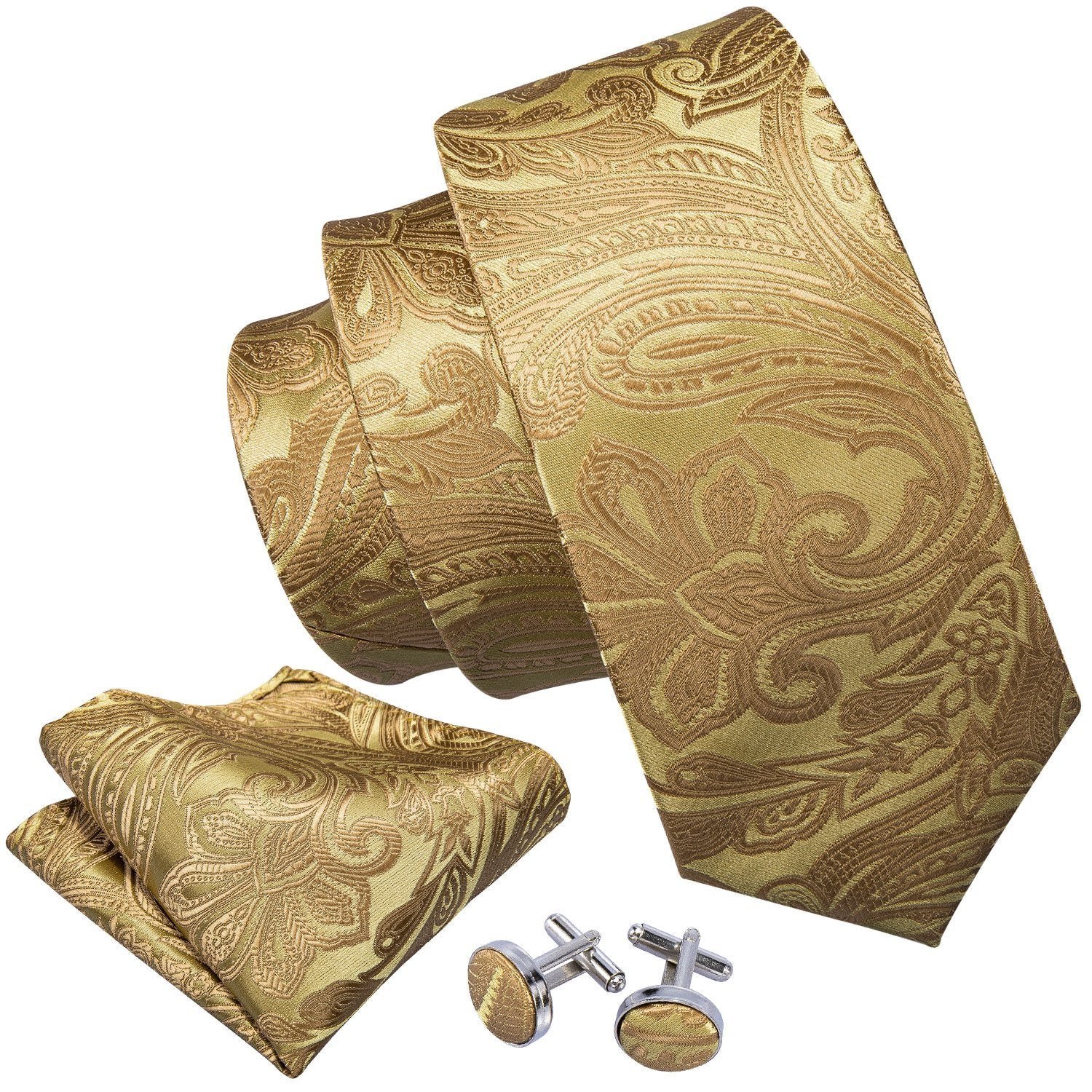 Golden Floral Necktie Pocket Square Cufflink Clip Gift Box Set