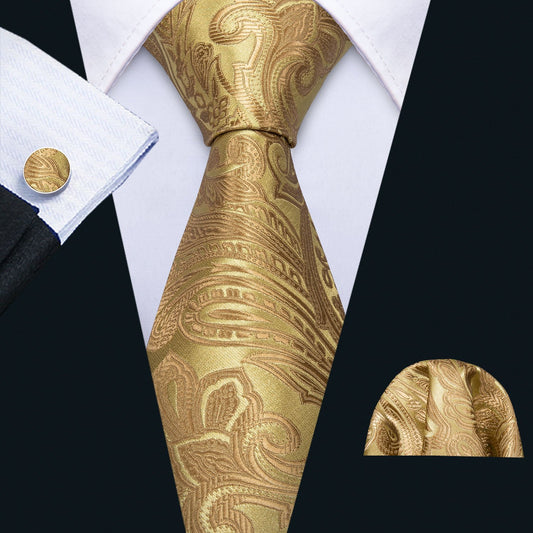 Barry. Wang Golden Floral Necktie Pocket Square Cufflink Clip Gift Box Set