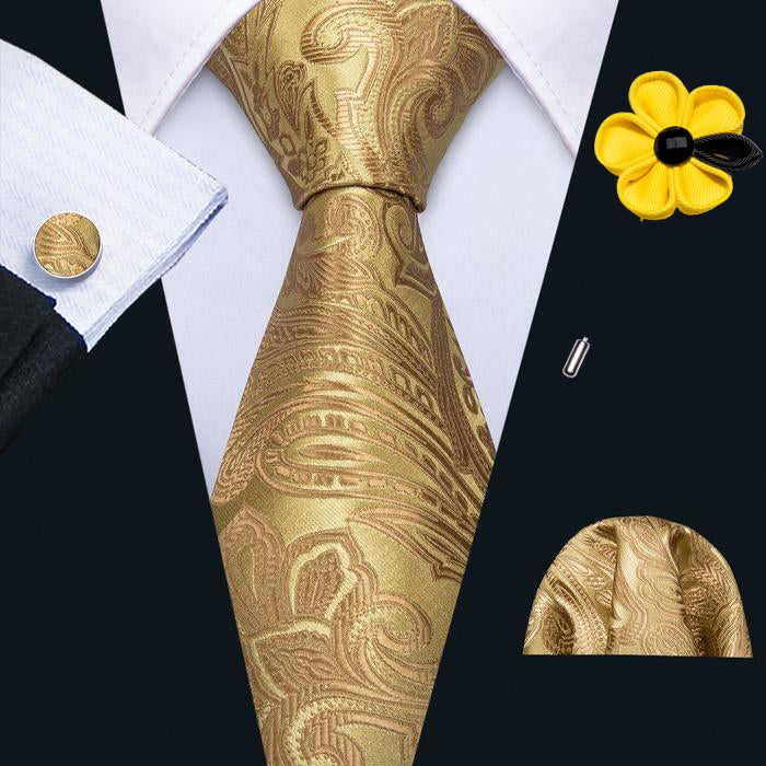 Golden Floral Necktie Pocket Square Cufflinks Set 8.5cm Fashion Designer Neckties with Brooches Easy Matching