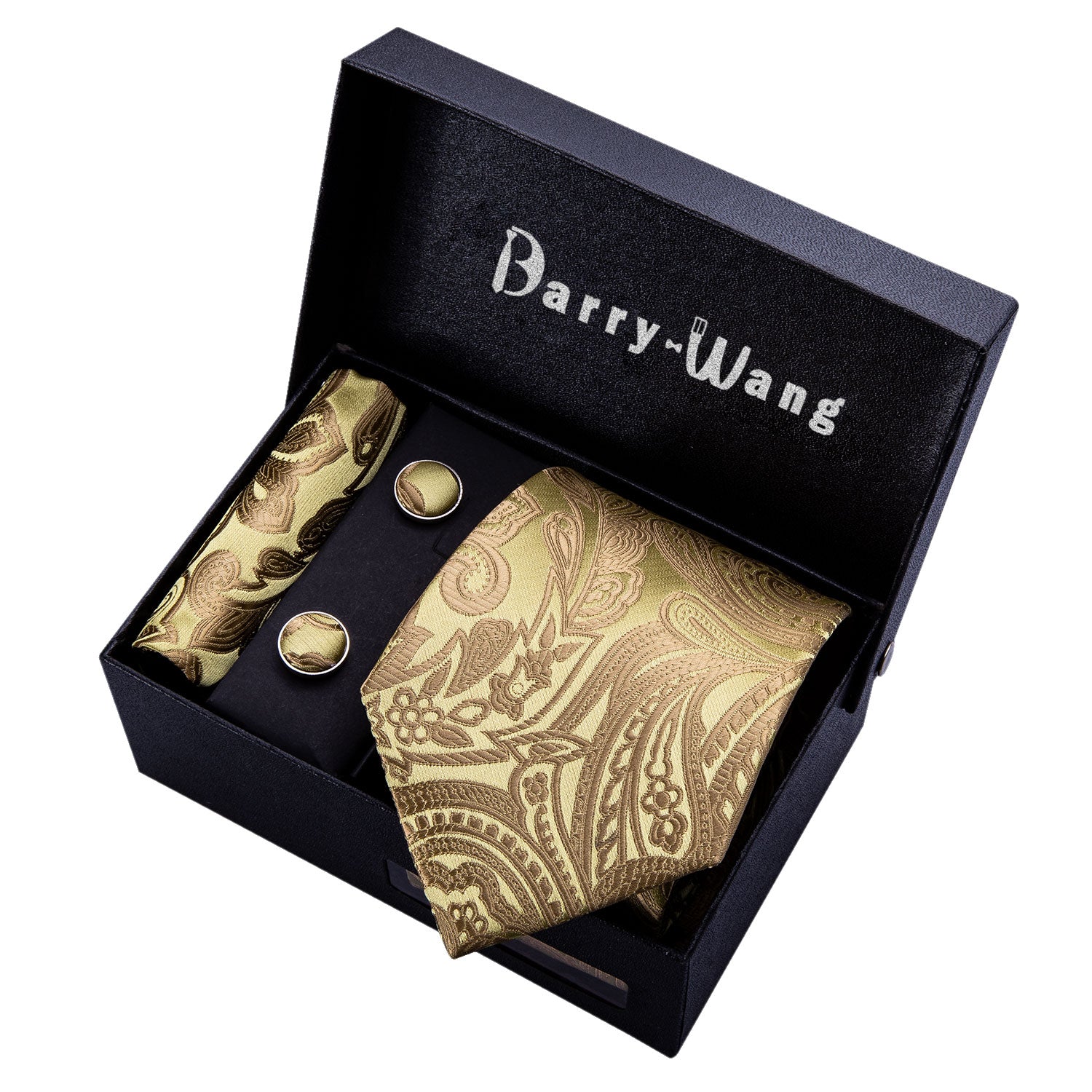 Golden Floral Necktie Pocket Square Cufflink Clip Gift Box Set