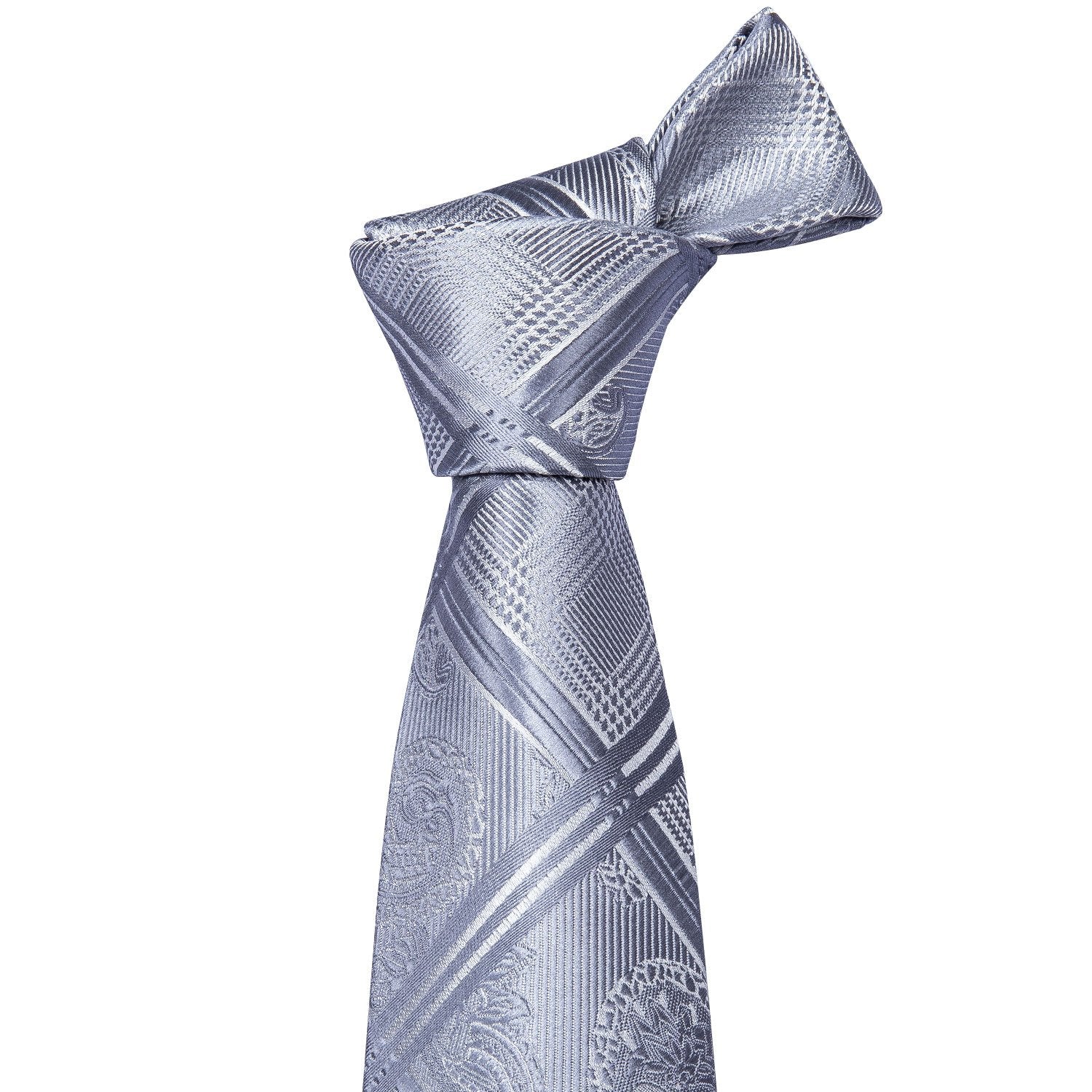 Silver Grey Plaid Necktie Pocket Square Cufflinks Set - barry-wang