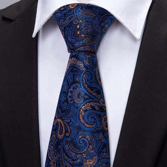 Barry. Wang Blue Tie Silk Gold Paisley Jacquard Necktie Pocket Square Cufflinks Set for Men Prom