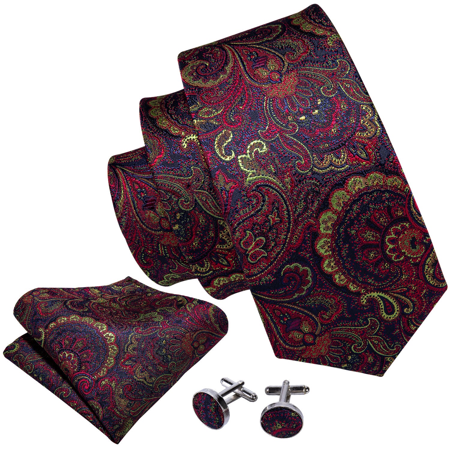 Purple Paisley Men's Necktie Pocket Square Cufflinks Set