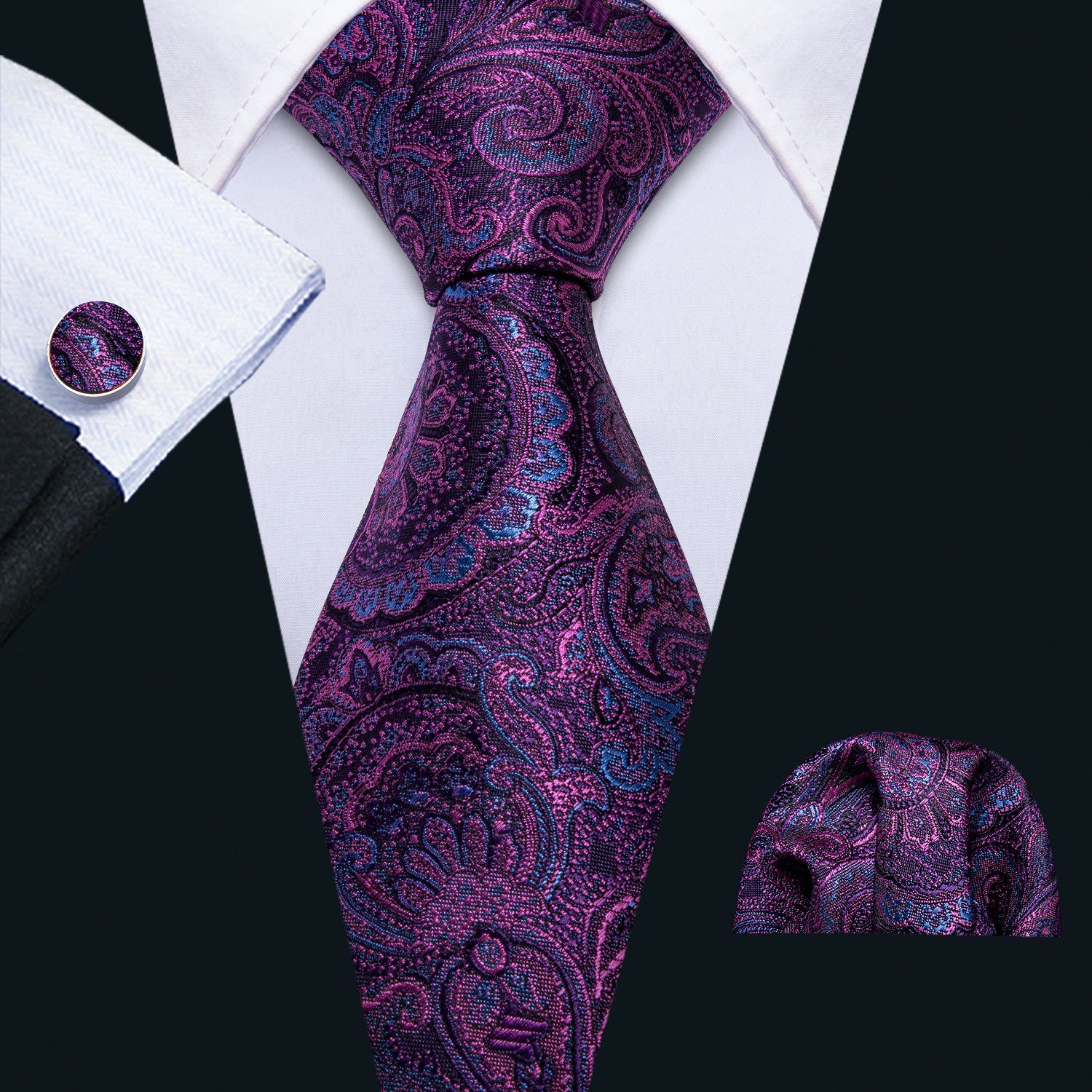 Purple Paisley  Necktie Pocket Square Cufflinks Set