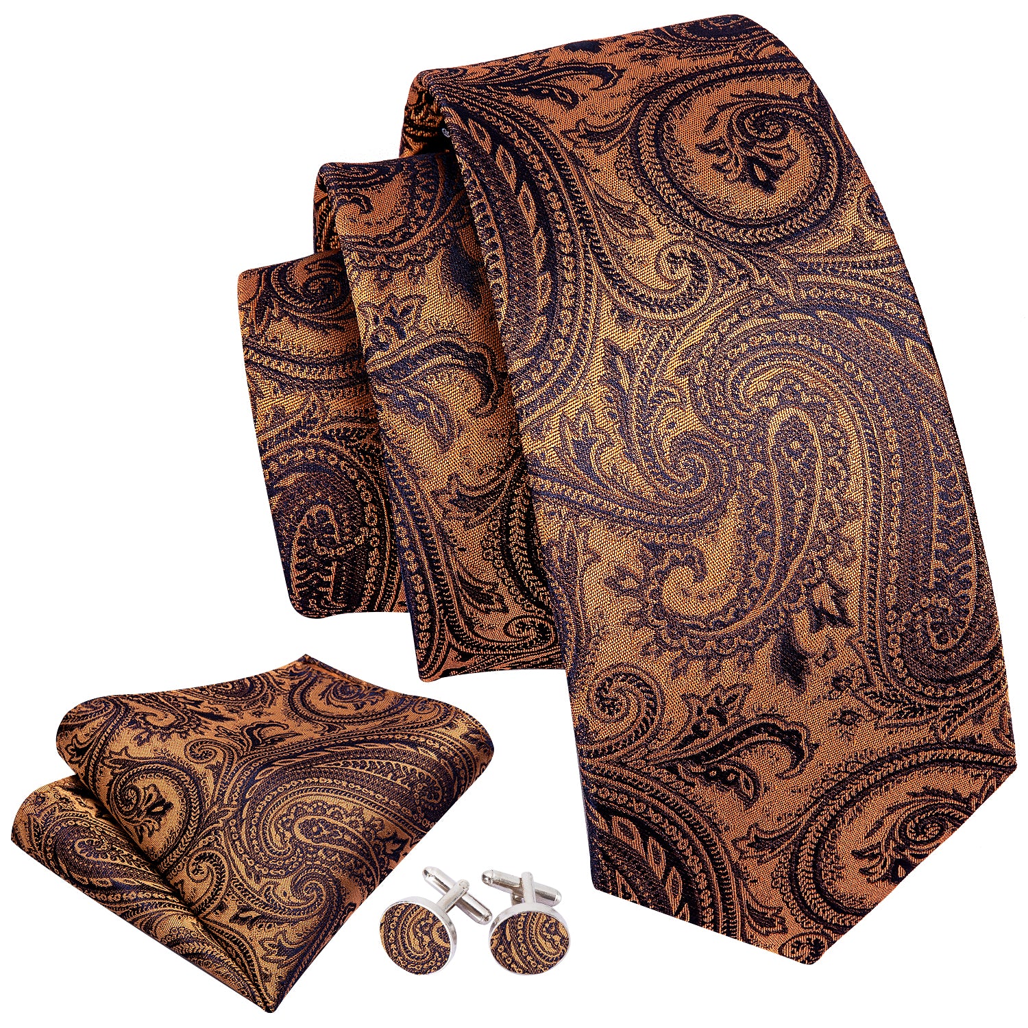 Brown Black Paisley  Necktie Pocket Square Cufflinks Set