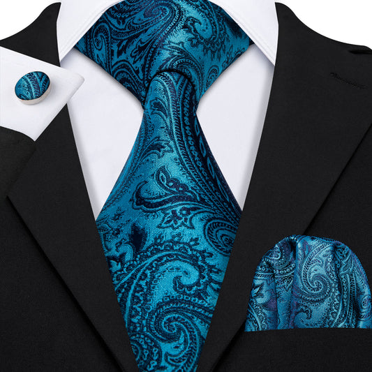 Barry. Wang Sky -Blue Paisley Men's Necktie Pocket Square Cufflinks Set