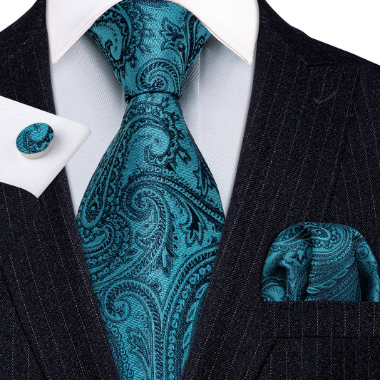 Barry. Wang Sky -Blue Paisley Men's Necktie Pocket Square Cufflinks Set