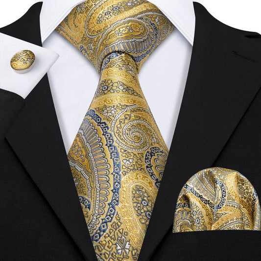 Barry. Wang Mens Silk Tie Yellow Blue Paisley Necktie Handkerchief Cufflinks Set for Wedding