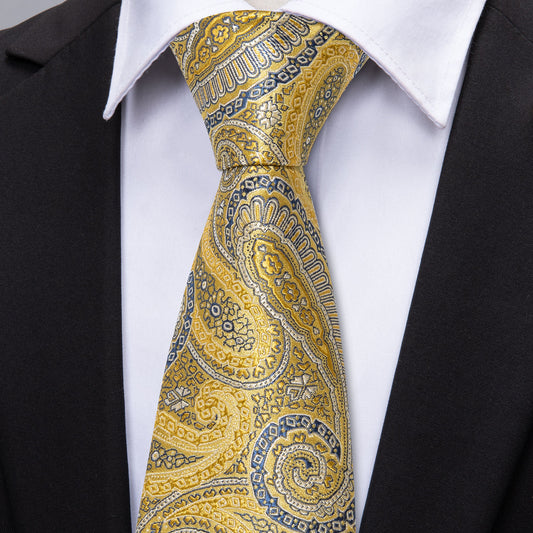 Barry. Wang Mens Silk Tie Yellow Blue Paisley Necktie Handkerchief Cufflinks Set for Wedding
