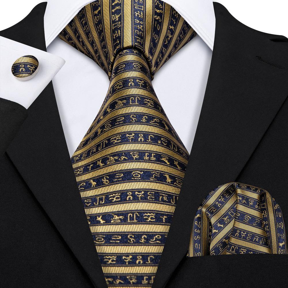 Black Golden Necktie Pocket Square Cufflinks Set