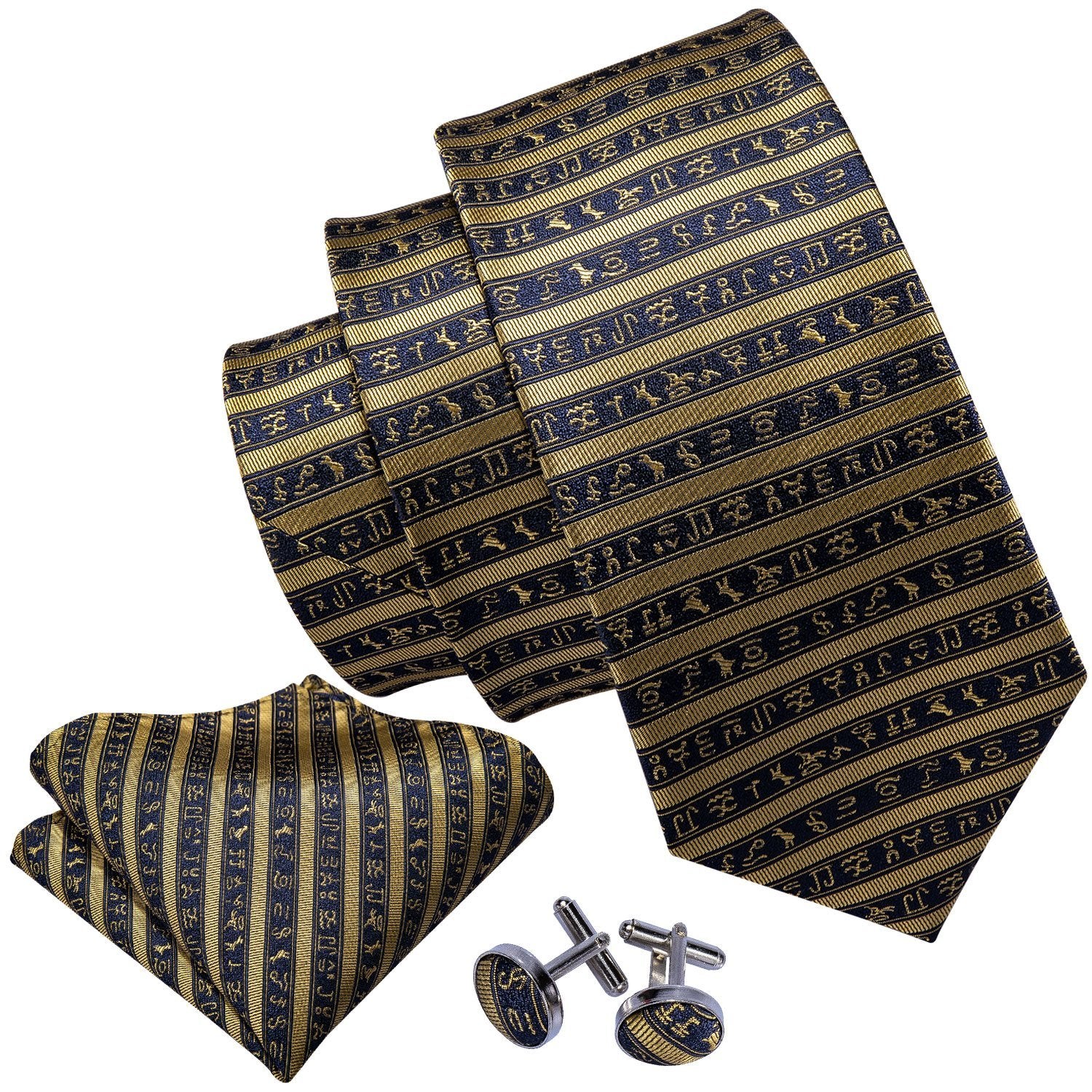 Deep Blue Yellow Striped Necktie Pocket Square Cufflink Clip Gift Box Set